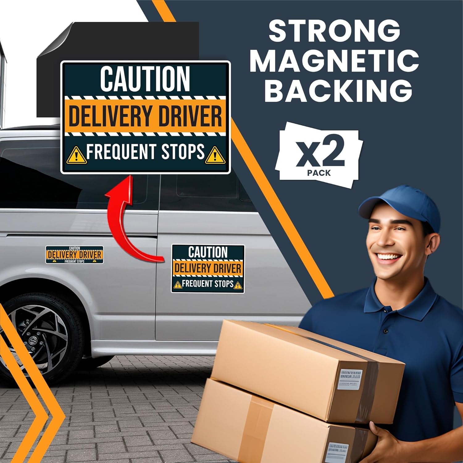 Magnet Me Up Caution Frequent Stops Delivery Driver Magnet Decal, 2PK, Large 12x18 inch, Heavy Duty Automotive Magnet for Car, Any Magnetic Surface, Flex Delivery Driver, Crafted in USA
