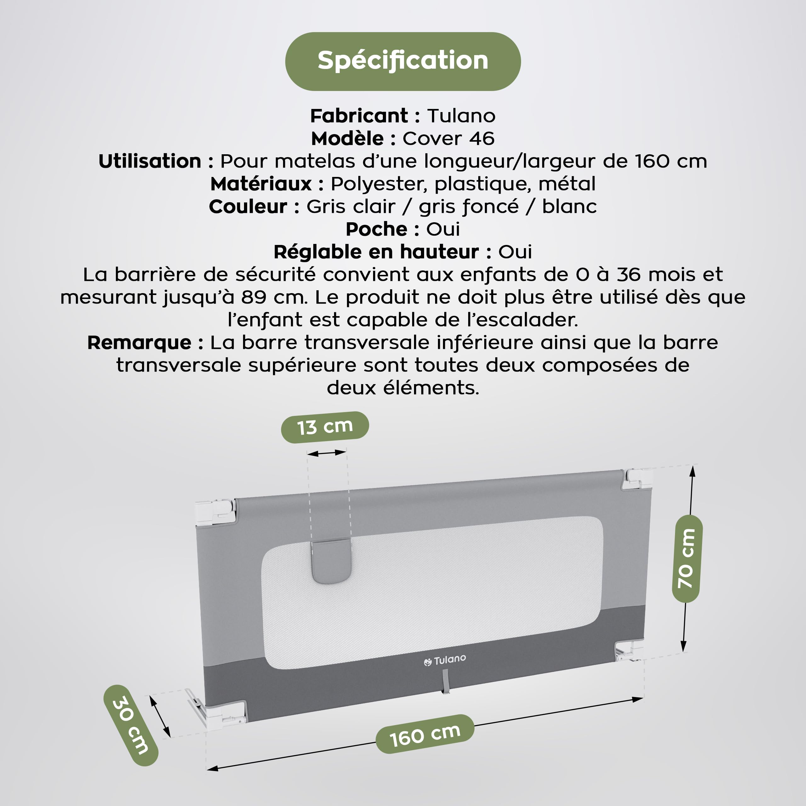TULANO Cover 46 Barrière de lit Enfant 160 cm – Barrière de sécurité lit Rabattable – Réglable en Hauteur 18 Niveaux – Protection Contre Les Chutes Nocturnes – avec Poche latérale - Gris
