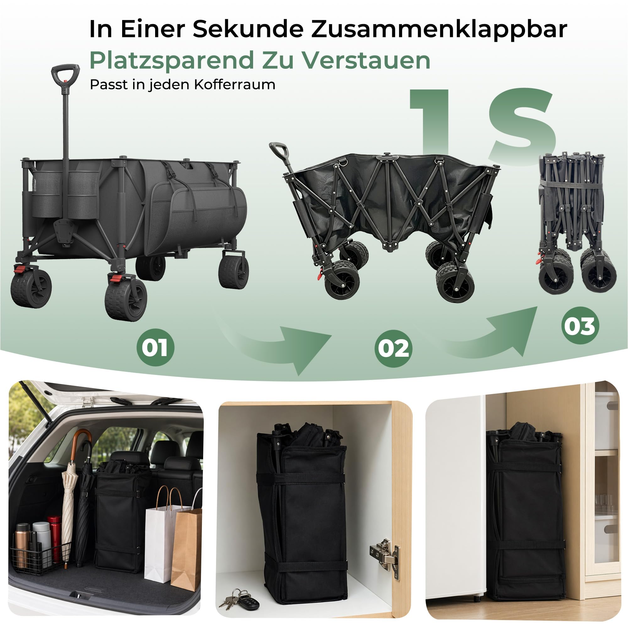 JUMMICO XXXL Faltbarer Bollerwagen 260L 200KG Tragkraft, Kapazität 17cm Ballonreifen Doppelte Feststellbremse Strand Einkauf Fest Camping Transportwagen, Grau