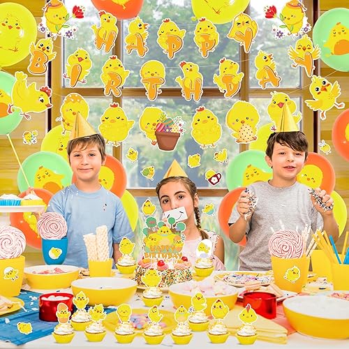 Miniatura 6 de Decoraciones de fiesta de granja de pollos – Cartel de feliz cumpleaños, lindo cartel de pollo, decoración de pasteles, globos de látex, calcomanía