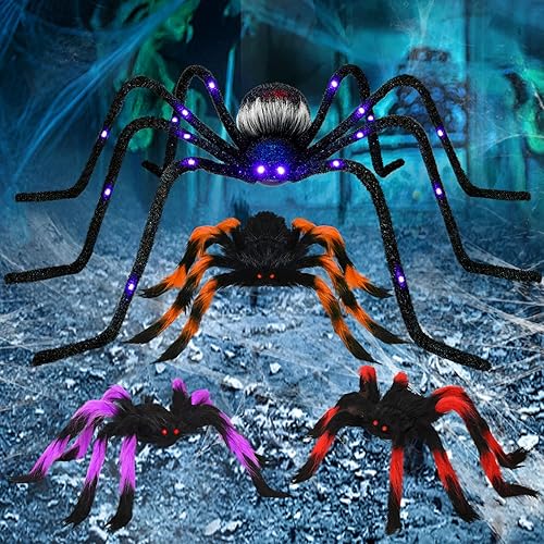 Rocinha Paquete de 4 arañas de Halloween, araña gigante de 4 pies y araña peluda colorida con ojos rojos, araña grande iluminada con LED que cambian