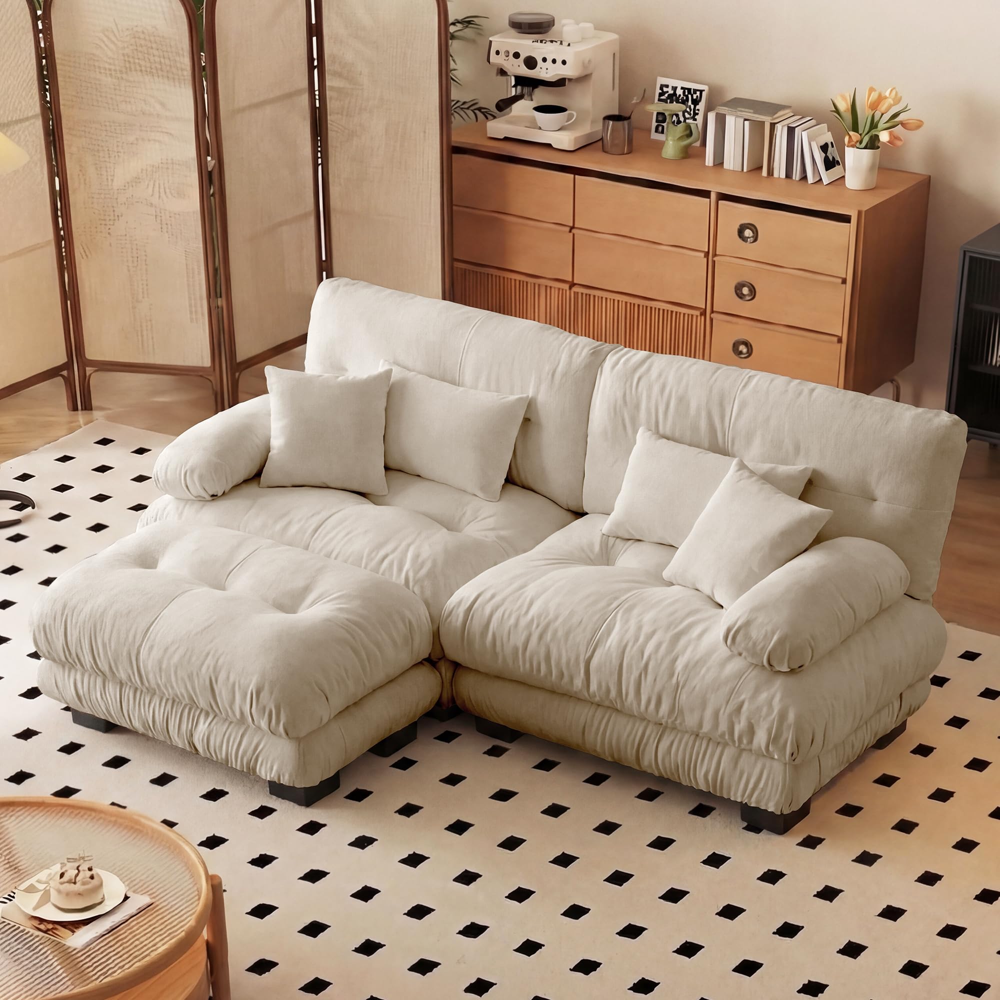 Deep Seat Sectional Sofa, 94.4" Comfy Cloud Couch Loveseat with Ottoman, Chenille 2 Seater Sofa with 2 Lumbar Pillows and 2 Throw Pillows, Couches for