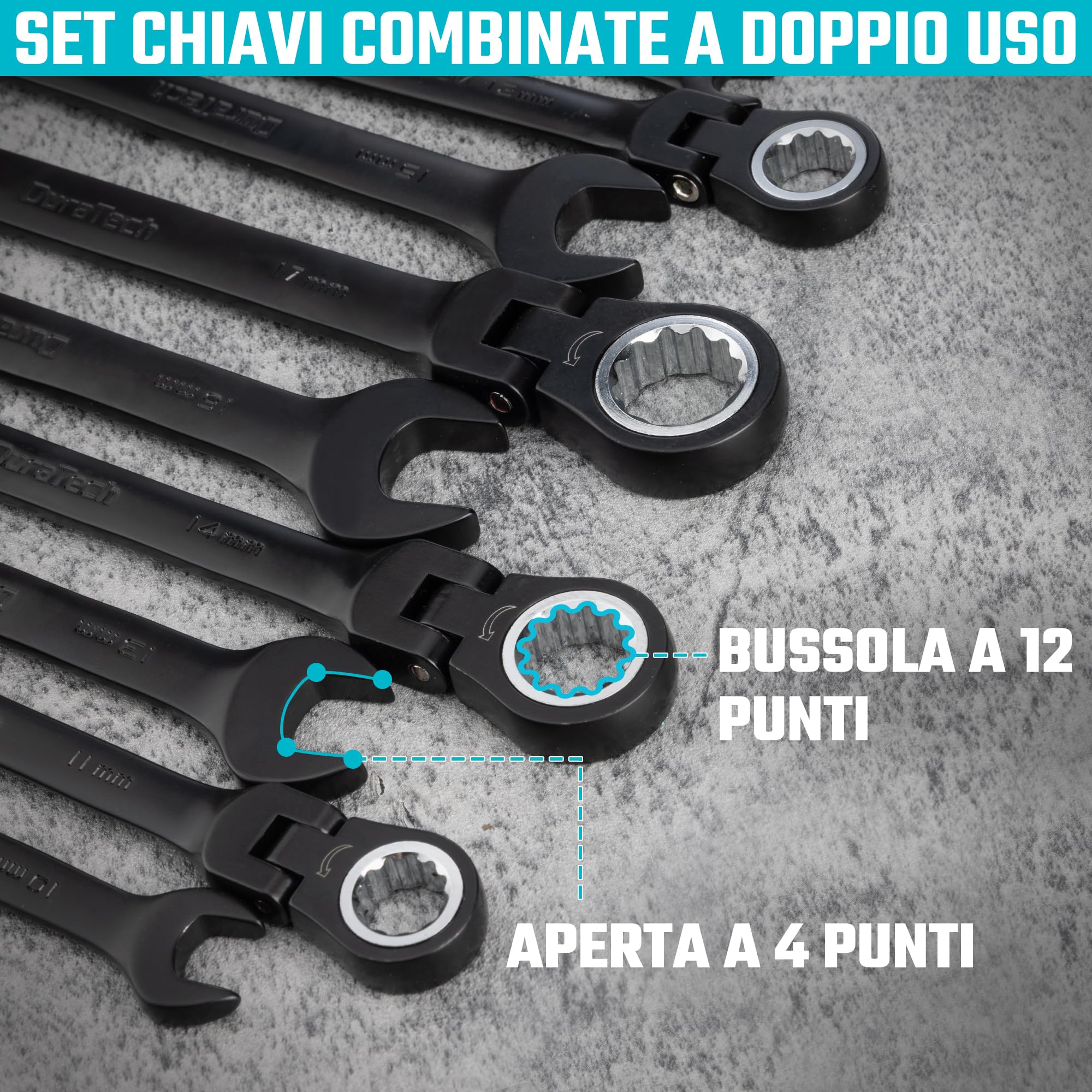 DURATECH Set di chiavi combinate a cricchetto con testa flessibile, 72 denti, metriche, 9 pezzi, 8, 10, 11, 12, 13, 14, 15, 16, 17 mm, rivestimento elettroforetico nero, acciaio CR-V, con custodia