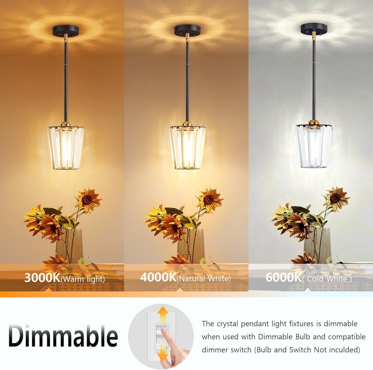 Crystal Pendant Lights Kitchen Island 2 Pack, Modern Black Gold Pendant Light Fixtures Mini Adjustable Chandeliers for Kitchen Island Dinning Room Bedroom Hallway with E26 Base (Bulbs Not Included)