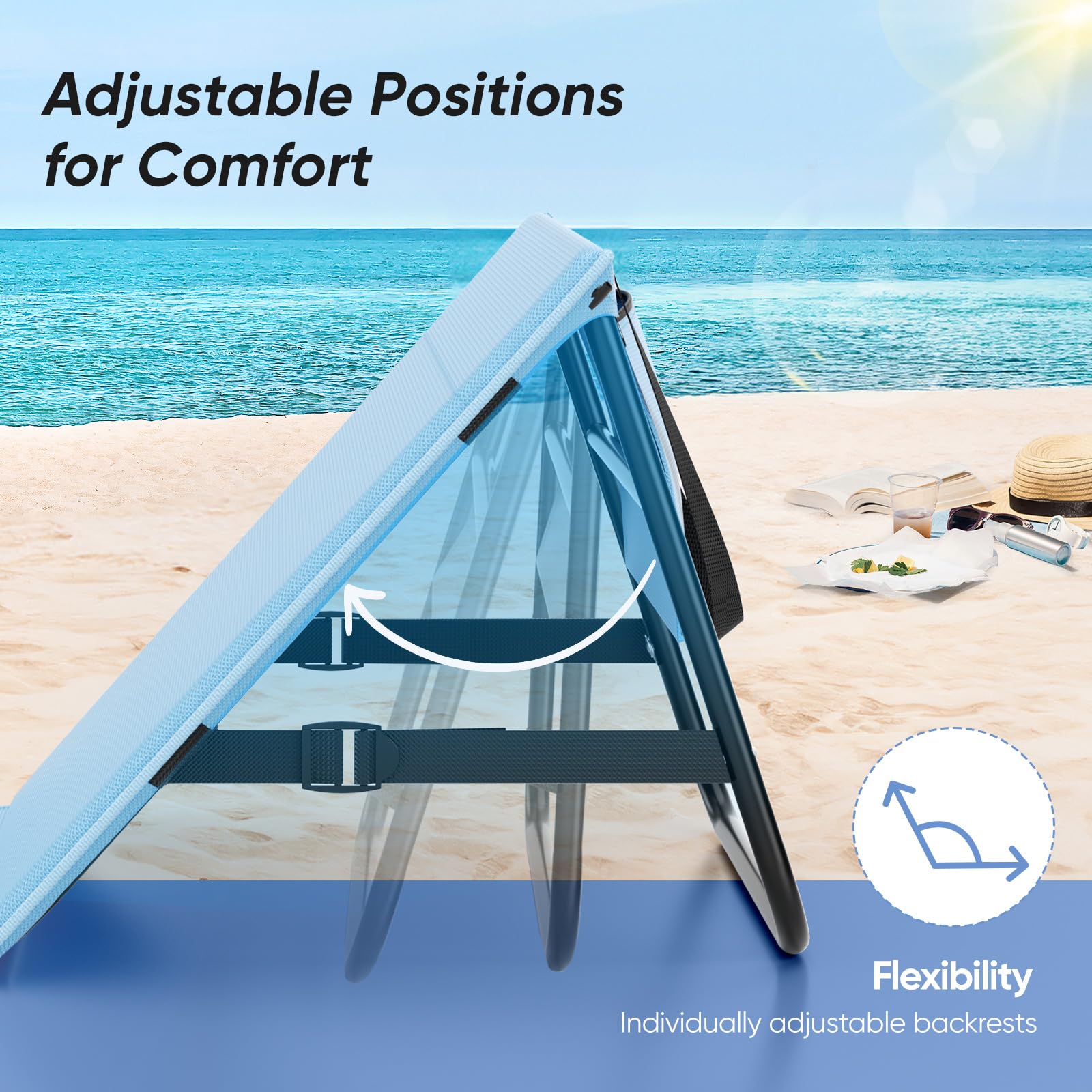 WildFun Chaise de Plage Portable, Chaise de Plage Pliante，Adjustable Lightweight Tanning Chair for Outdoor Sand Camping Sunbathing (1pcs, Bleu et Blanc)