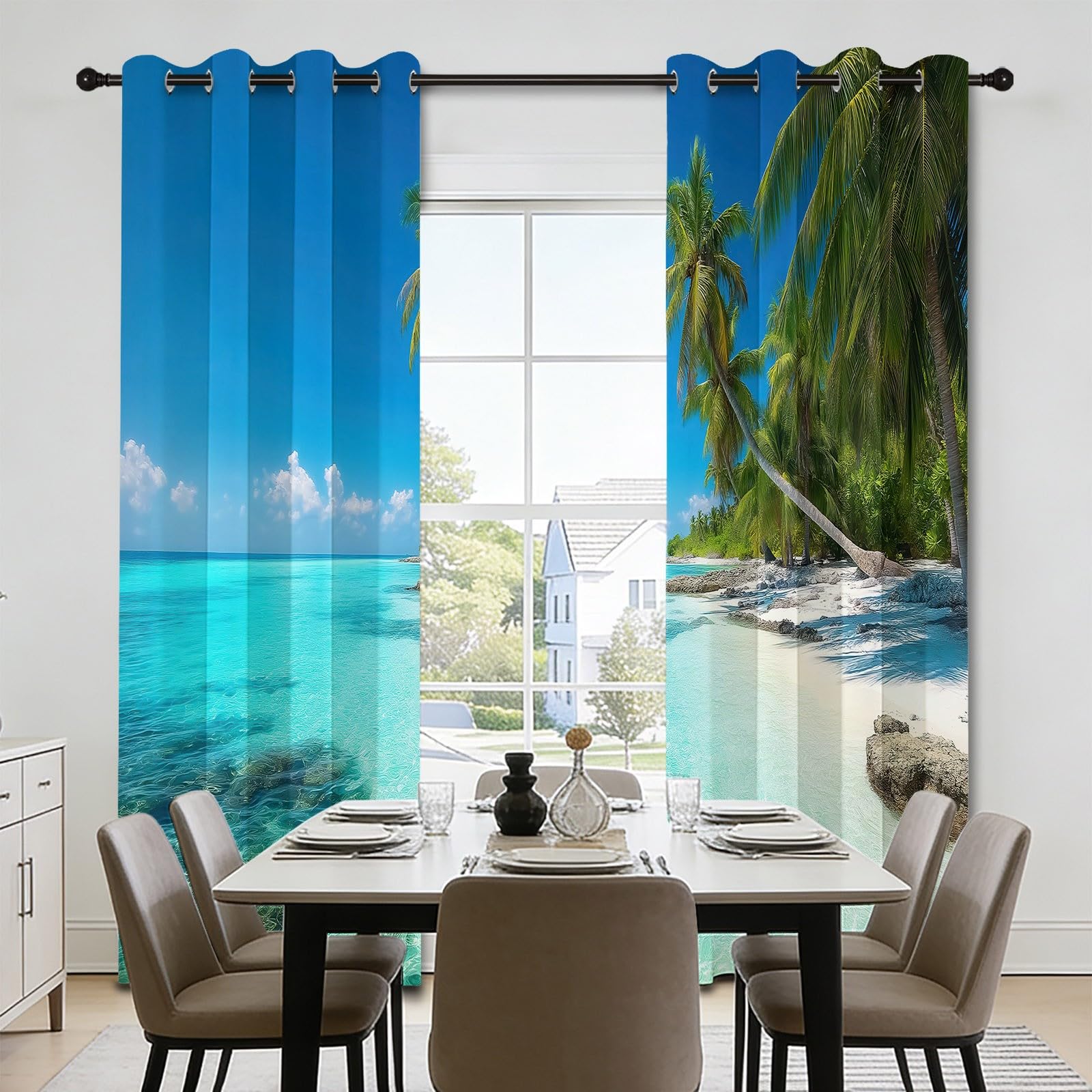 Zasłony zaciemniające na lato wyspa fotografia, 140 l x 200 cm, plaża palmowa Skyline, dekoracja okienna do salonu i sypialni, izolacja termiczna, 2 panele