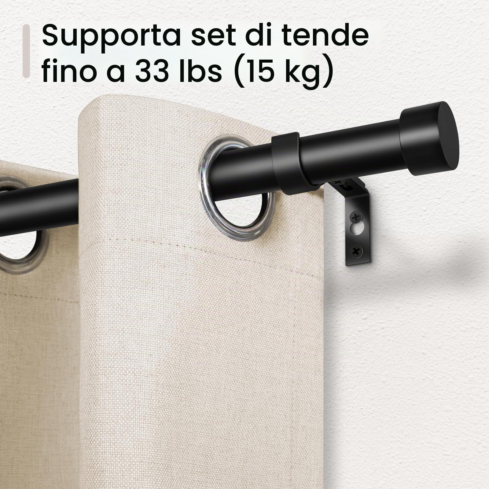 Bastone per Tende Nero, 80-183 cm Regolabile, Asta Estensibile con Terminali a Cilindro e Staffe