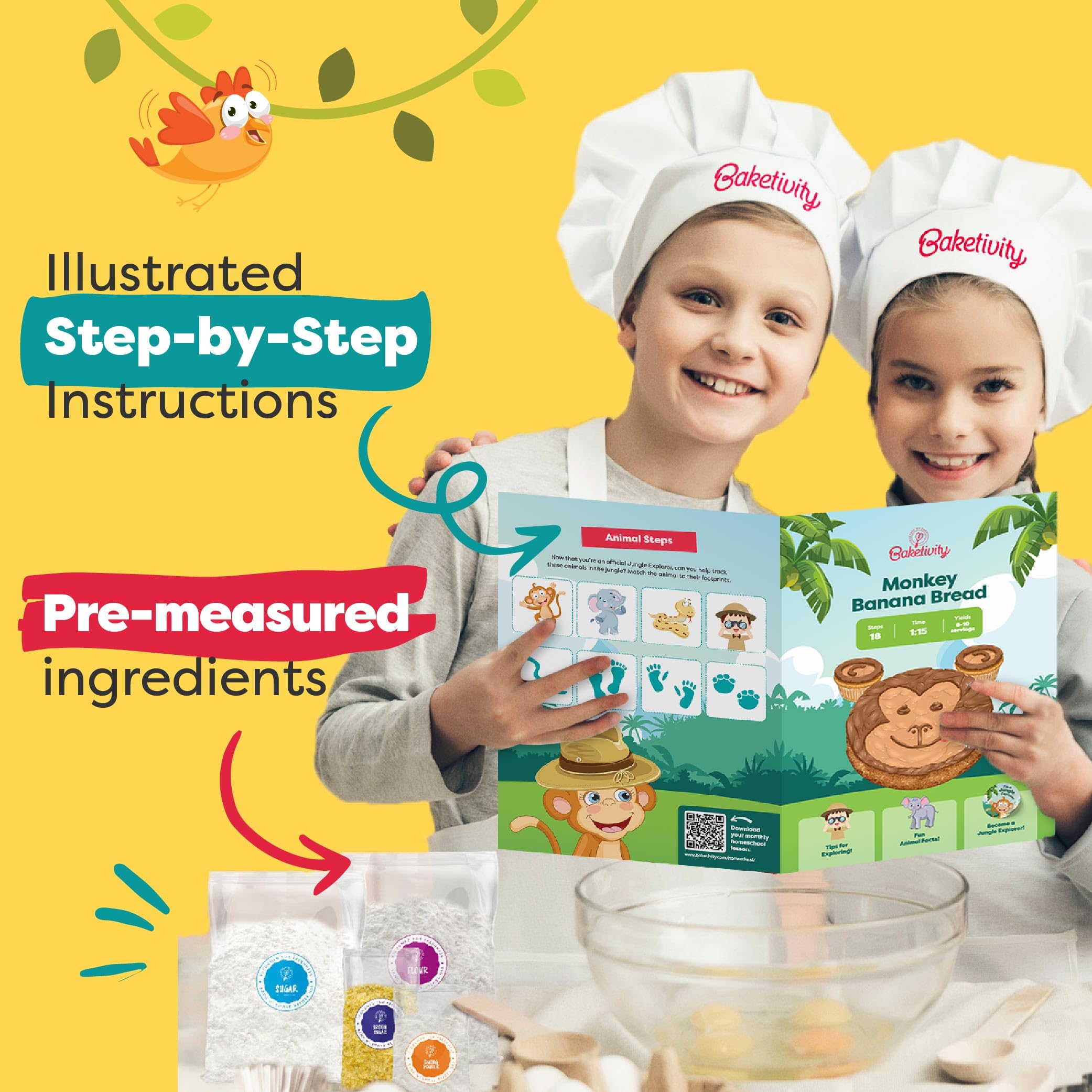 BAKETIVITY Monkey Banana Bread - Juego de hornear para niños con ingredientes previamente molidos, regalo familiar perfecto para los amantes de la cocina