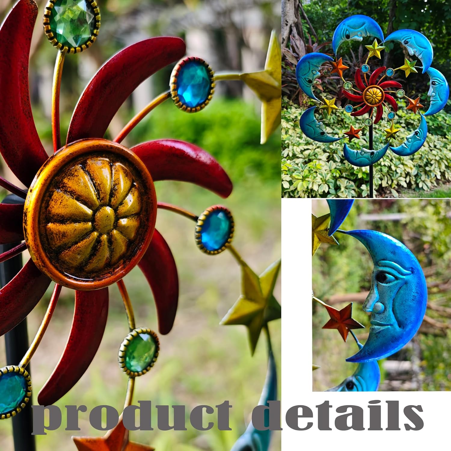 Moon Sun 58-Inch Metal Wind Spinner with Stake for Garden, Yard, Lawn and Patio Decor