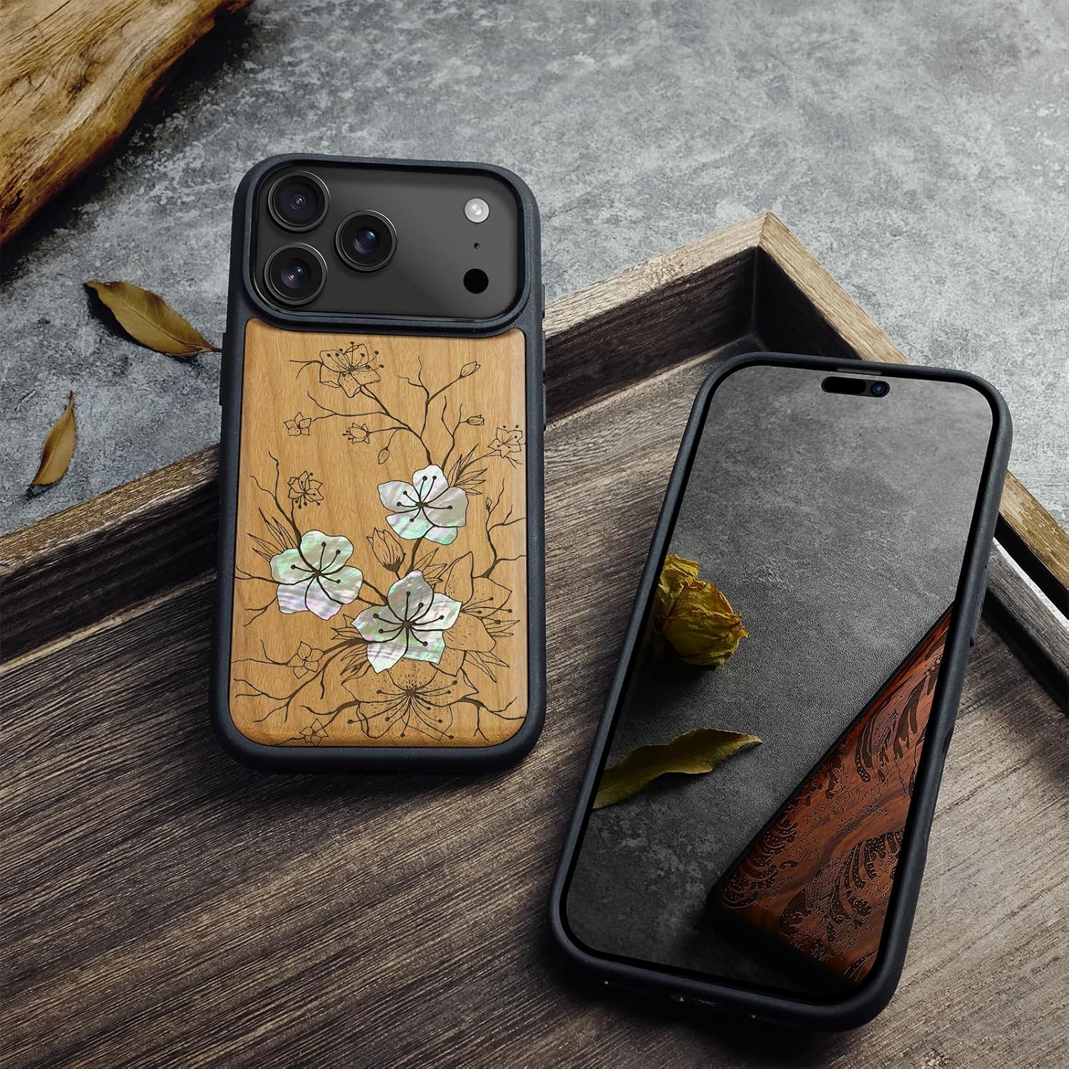 Carveit Magnetic Case for iPhone 17 Pro Case, Wood Artisan Engraved & Handmade Shell Inlaid, TPU Shockproof Cover, Compatible with MagSafe Wireless Chargers (Whispering Sakura Blooms-Cherry)