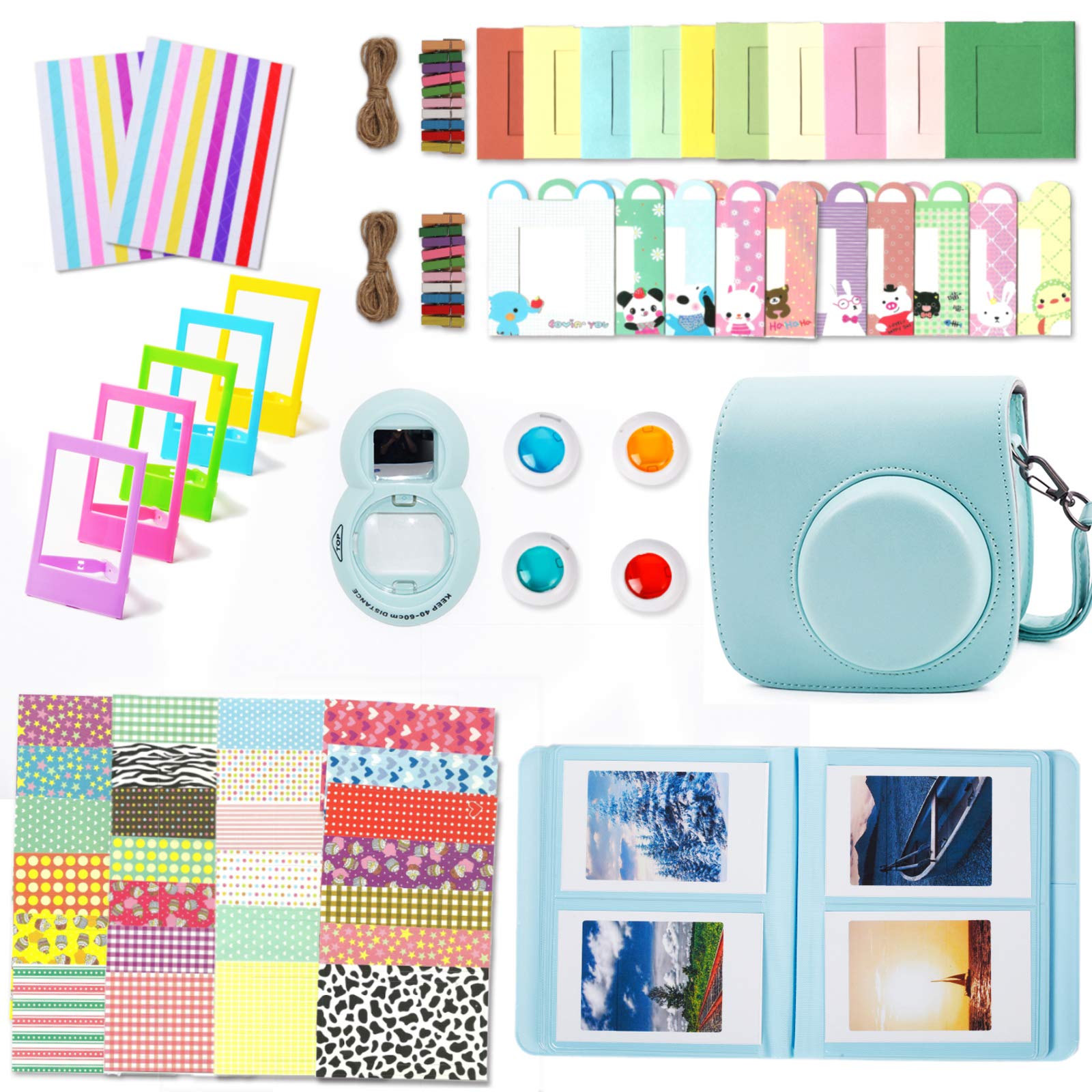Leebotree Camera Accessories Compatible with Instax Mini 9 or Mini 8 8+ Include Case/Album/Selfie Lens/Filters/Wall Hang Frames/Film Frames/Border Stickers/Corner Stickers (Ice Blue)