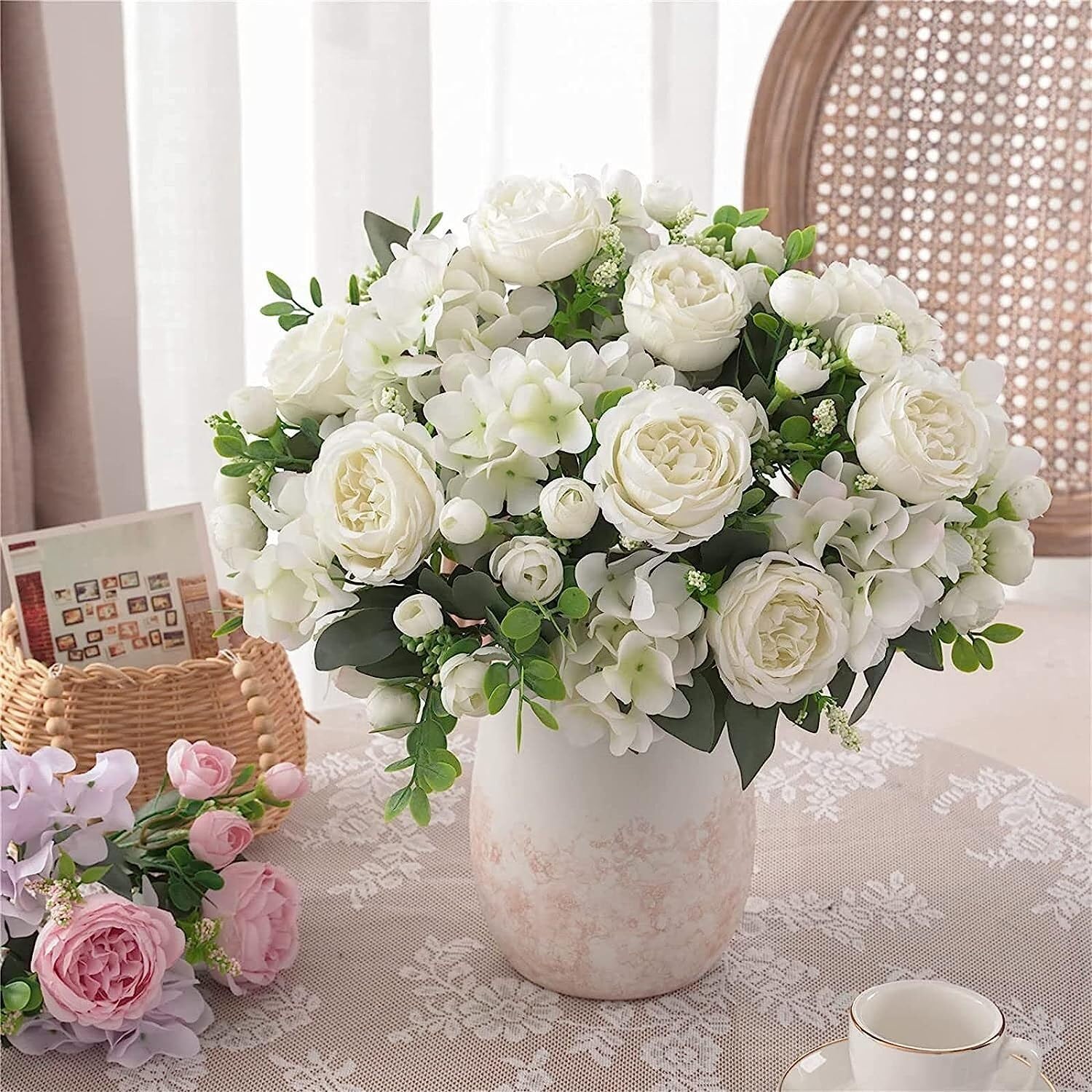Con fiori, bouquet da sposa, bouquet da sposa, con fiori, 4 mazzi di peonie bianche ortensie per la decorazione Rose finte composizioni di bouquet finti centrotavola da tavolo in plastica fiori di set