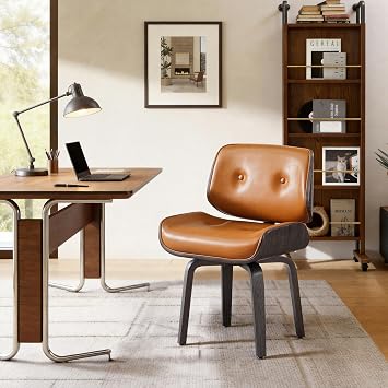 Art Leon Mid Century Desk Chair - Faux Leather Upholstered Swivel Accent Chair, Office Chair No Wheels, Bentwood Chair with Solid Wood Legs, Grey Oak/Brown Orange