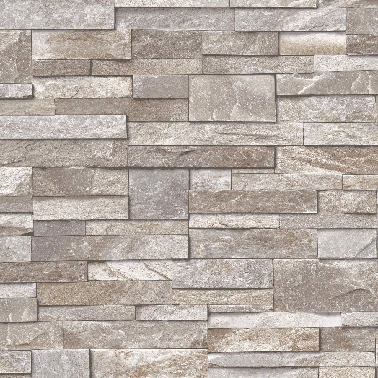 Grandeco Stone Choc Brown Brick Slate 3D Effect Realistic Vinyl Wallpaper A17204 from B&Q