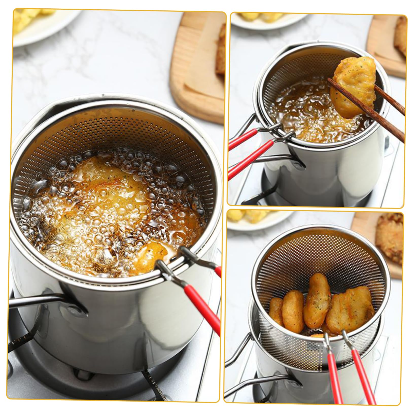 Happyyami 1Set Stainless Steel Deep Fryer Pot with Basket Ergonomic Handle for Safe Use for Chips Fish and Vegetables for Home Cooking and Housewarming