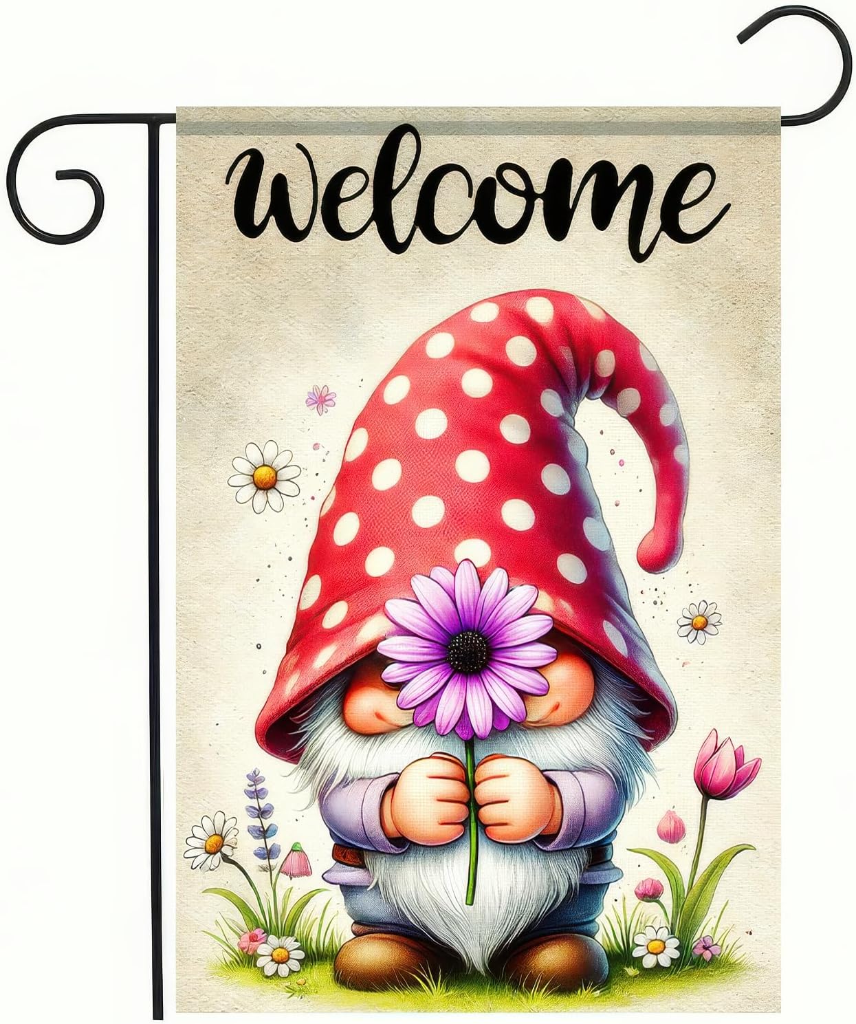 Welcome Spring Summer Garden Flag 12x18 Inch Double Sided Gnome Decorative Garden Flag Daisy Floral Flowers Butterfly Yard Outside Decorations Farmhouse Outdoor Small Home Decor