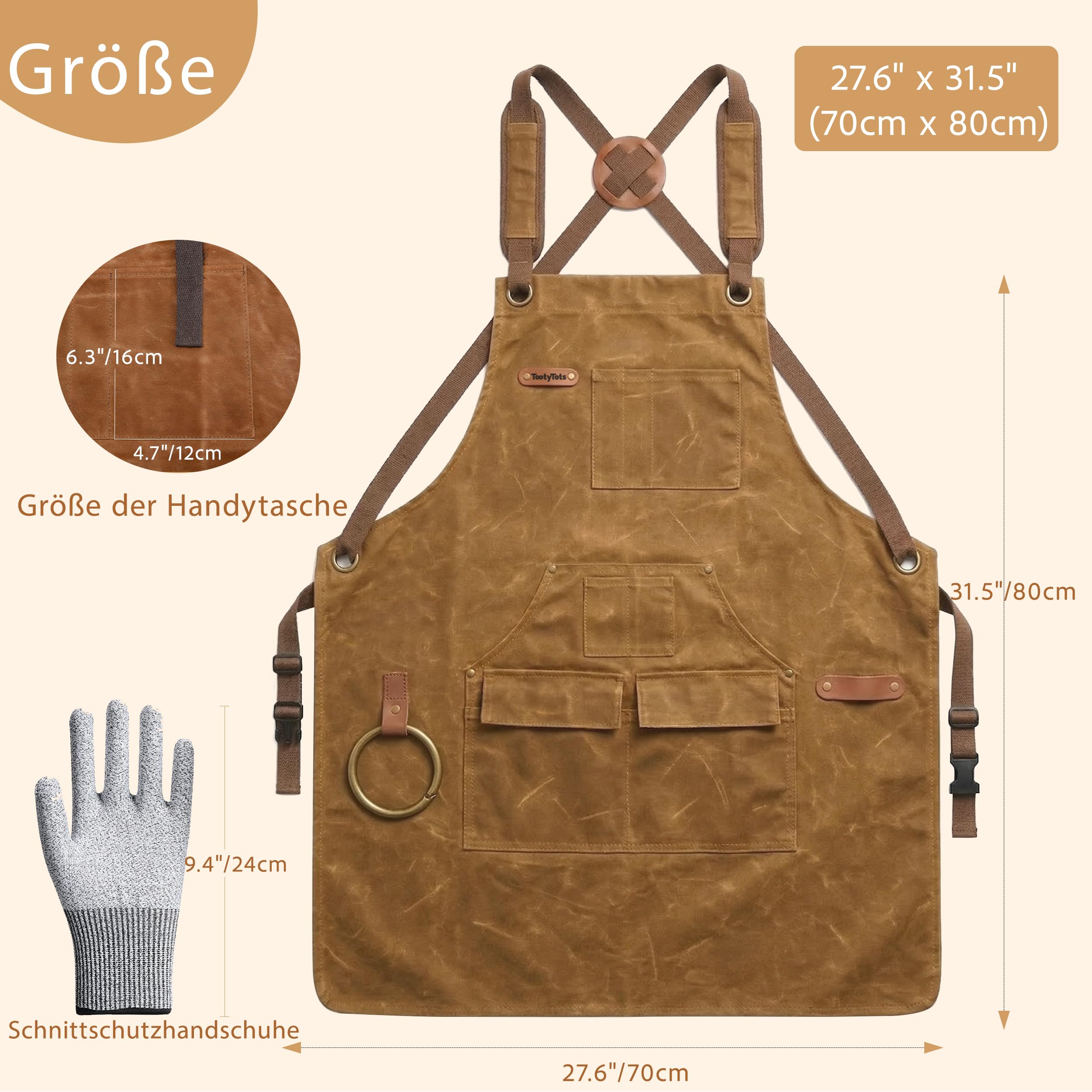 Premium Arbeitsschürze Herren aus 20oz Gewachstem Canvas – Robust & Wasserabweisend – Werkzeugschürze für Holzbearbeitung & Werkstatt mit 9 Taschen, Magnet & Schnittschutzhandschuhe
