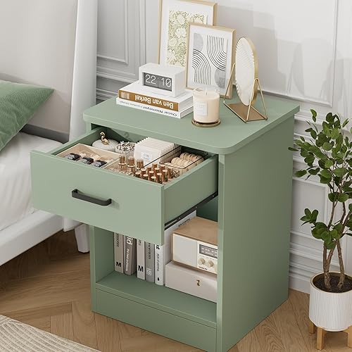 Miniatura 6 de FOTOSOK Juego de 2 mesitas de noche, mesa auxiliar de 2 niveles con cajón y estante de almacenamiento, mesa de noche, mesita de cabecera, mesita de