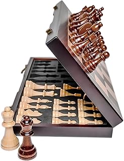 17" Magnetic Wooden Chess Set - Large Folding Travel Chess Board with Hand-Carved Pieces, Foam Storage Slots, 2 Extra Queens, Gift Box Packaging