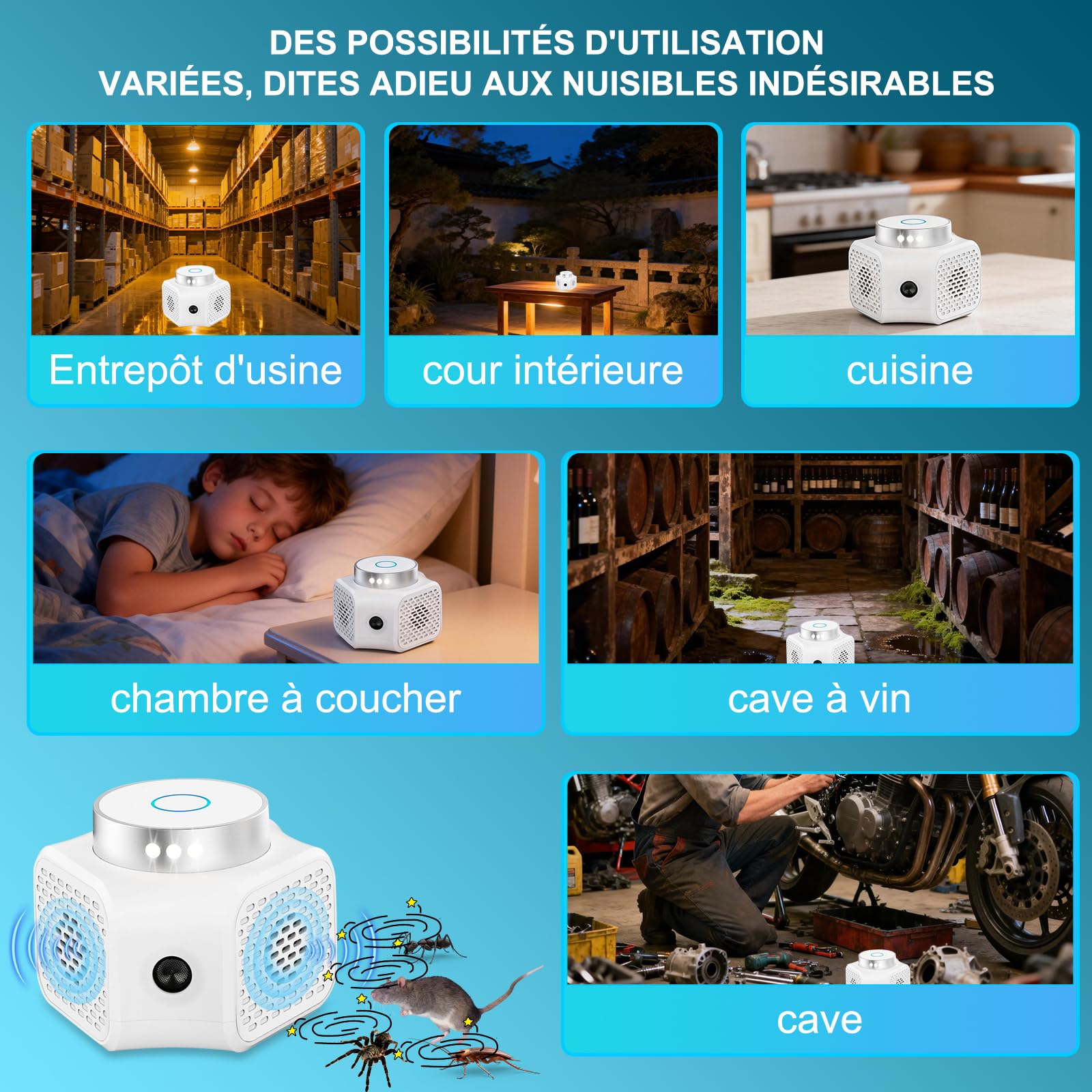 Ultrason Souris et Rats Puissant à Large Portée, 360° Répulsif Rat, Quatre Modes de Fonctionnement, Couvrant Une Surface de 100 Mètres Carrés Effets pour Rats, Souris, Campagnols et Loirs