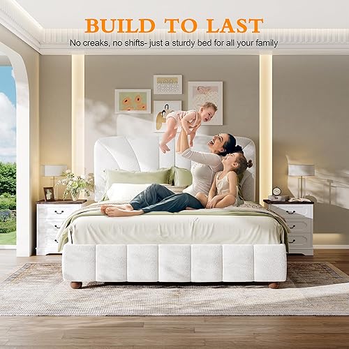 Miniatura 3 de Marco de cama tamaño Queen Boucle tapizado con cabecera ajustable, soporte de listones de madera maciza, cama para dormitorio, apartamento,