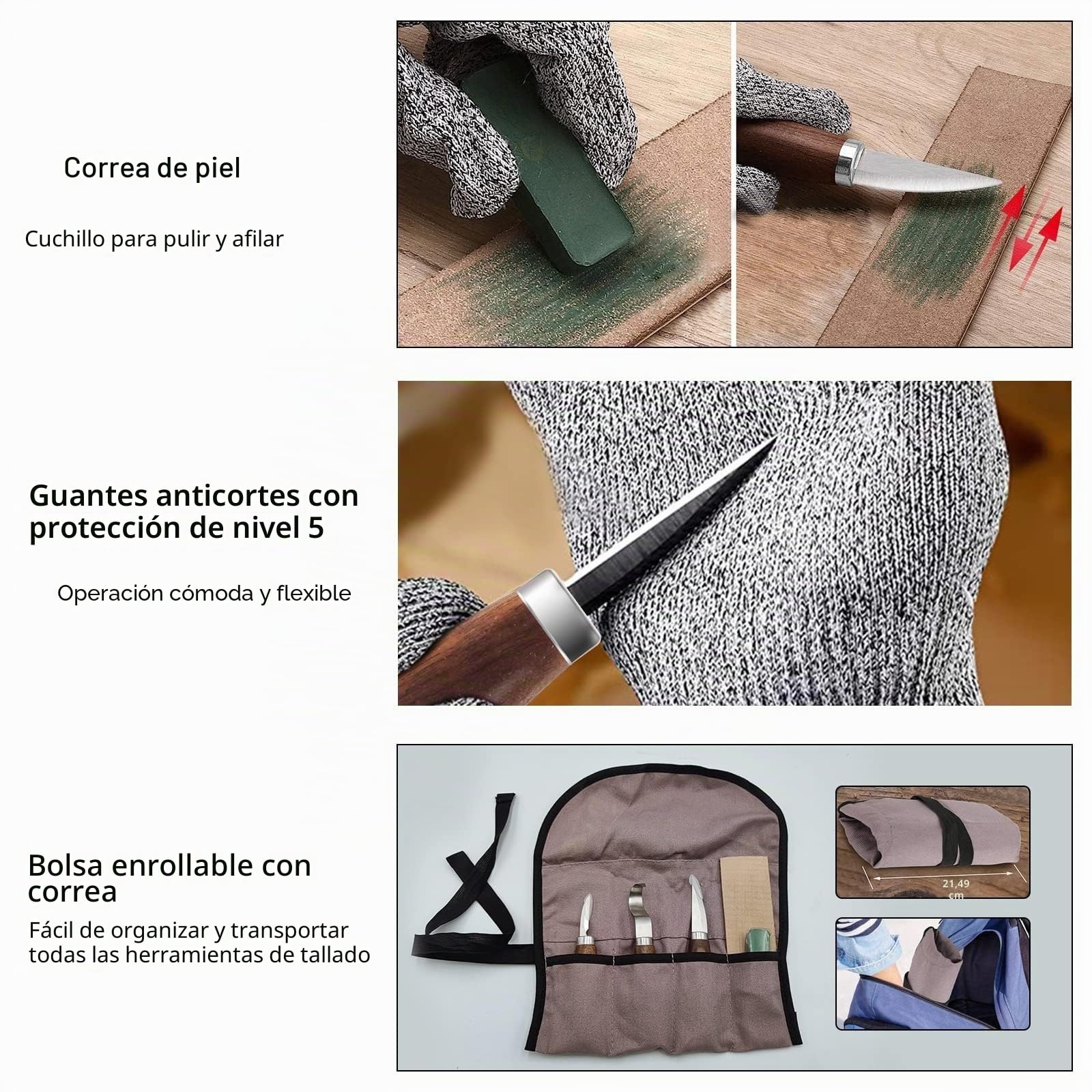 Cor cordium Juego de herramientas de tallado de madera con 3 cuchillos de borde recto de acero de alto carbono y 8 bloques de tilo y guantes para adultos o niños principiantes