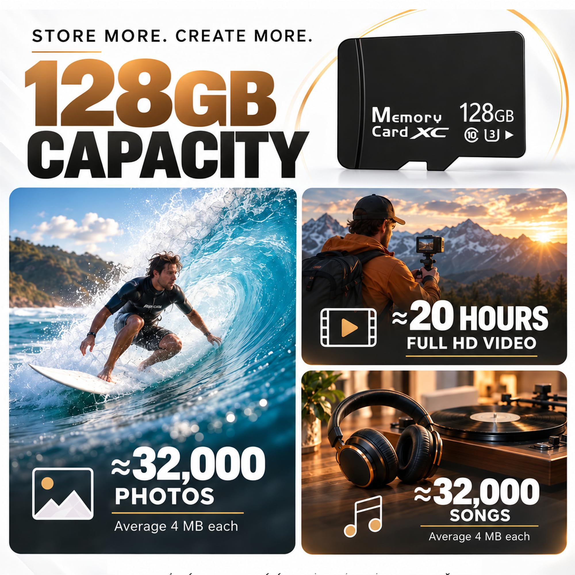 Lot de 5 cartes Micro SD 128 Go avec adaptateur SD et lecteur de cartes 3