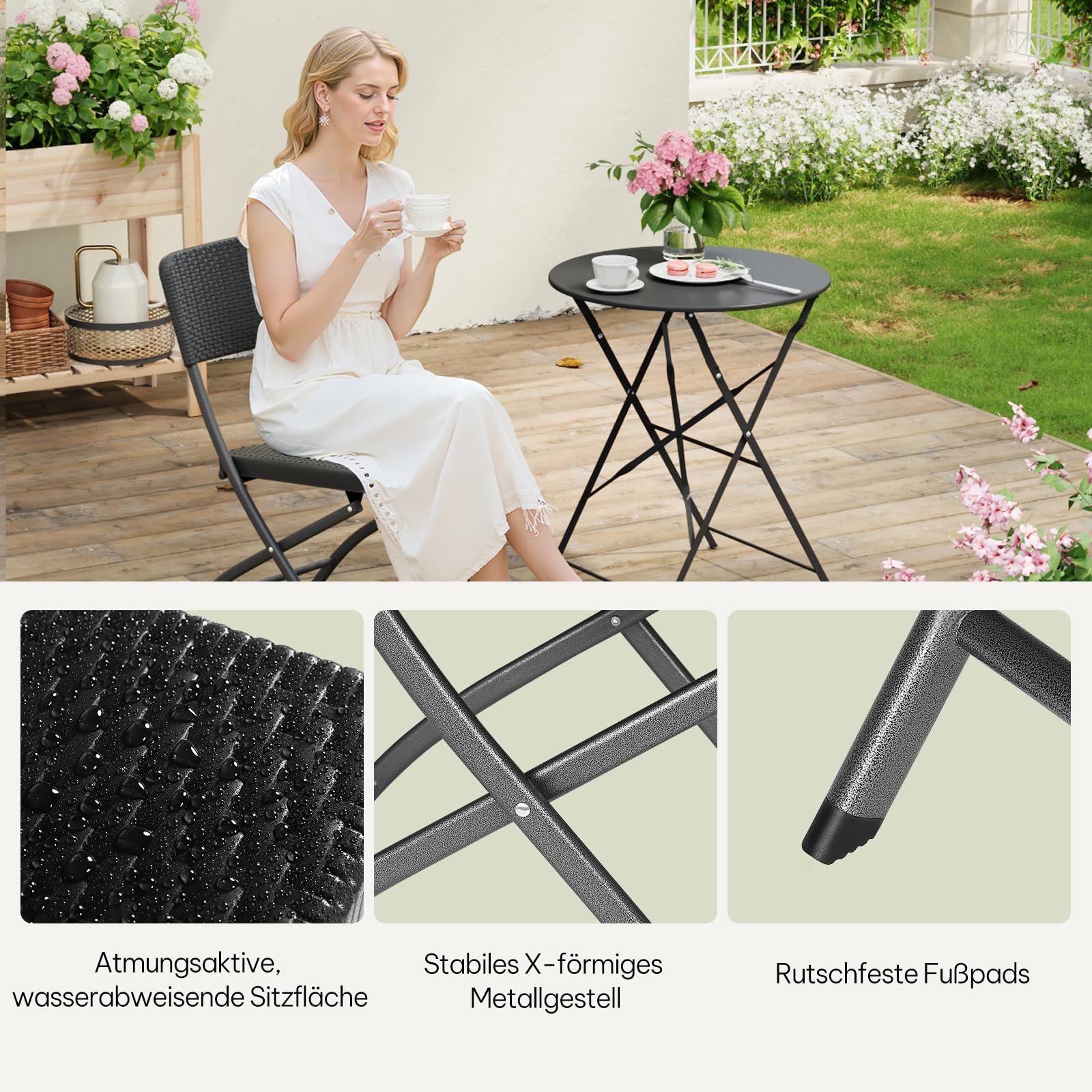 eSituro 2er Klappstuhl bis 150 kg Gartenstuhl Klappbar Balkonstuhl 59 x 81 x 46 cm Schwarz