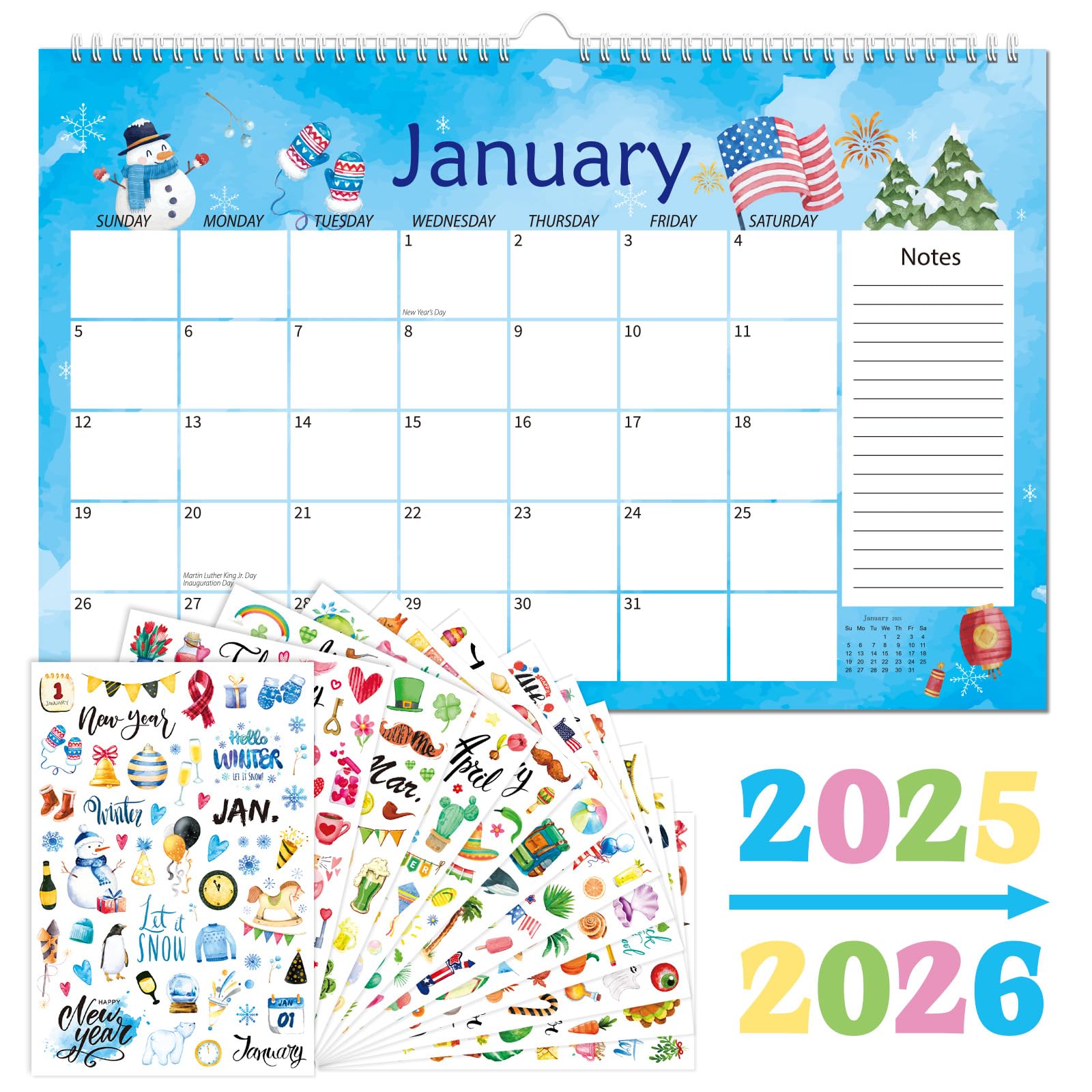 Aquarell-Schreibtischkalender 2025–2026 mit saisonalen monatlichen Feiertagsplaner-Aufklebern, 24 Monate, großer Schreibtischunterlagenkalender, 43,2 x 27,9 cm