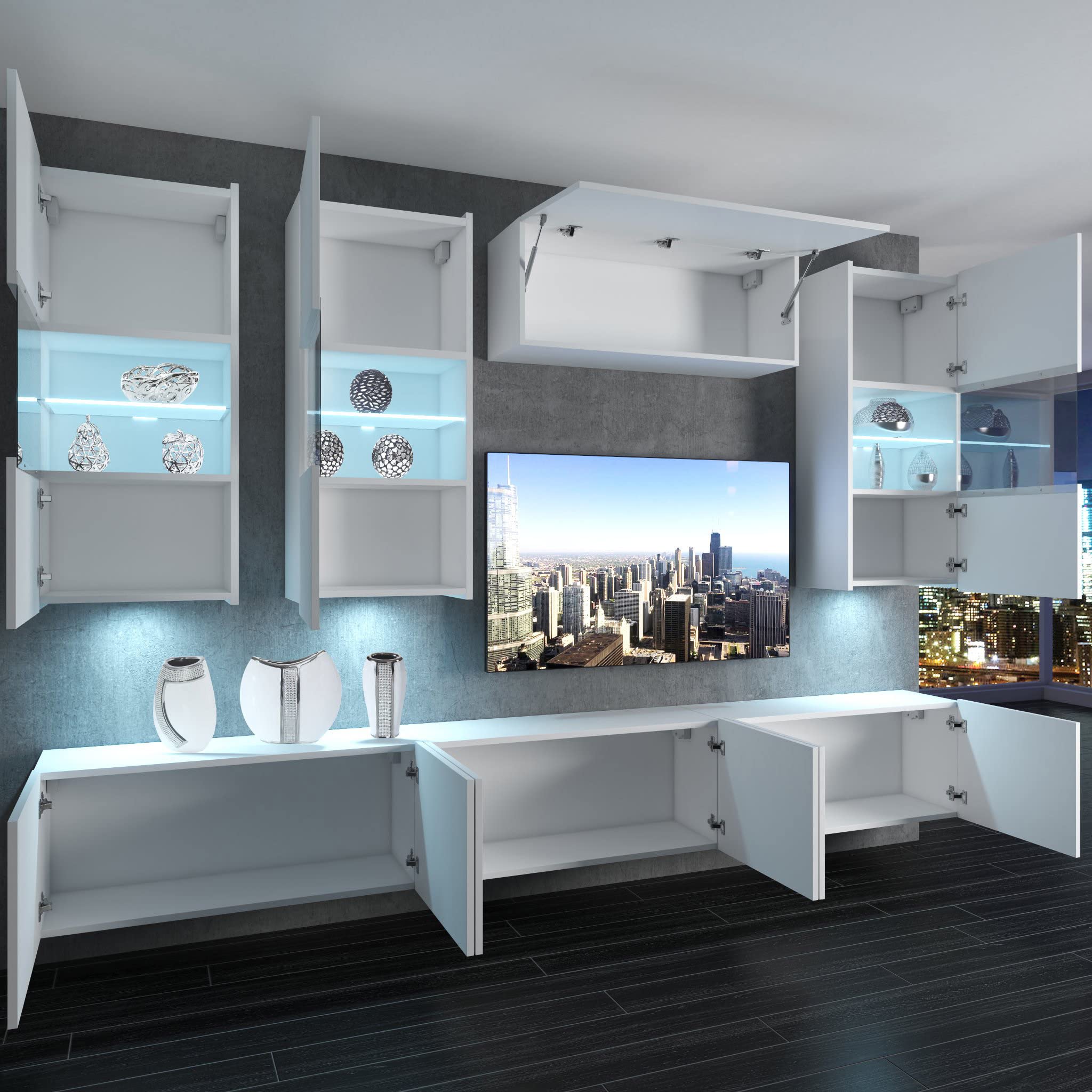 Belini - Set completo da parete per soggiorno, moderno, con illuminazione a LED, colore: Bianco