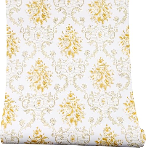 Miniatura 2 de Yifely Revestimiento autoadhesivo de damasco dorado para cajones, organizador de armarios, papel de forro fácil de quitar, 17.8 pulgadas por 9.8 pies