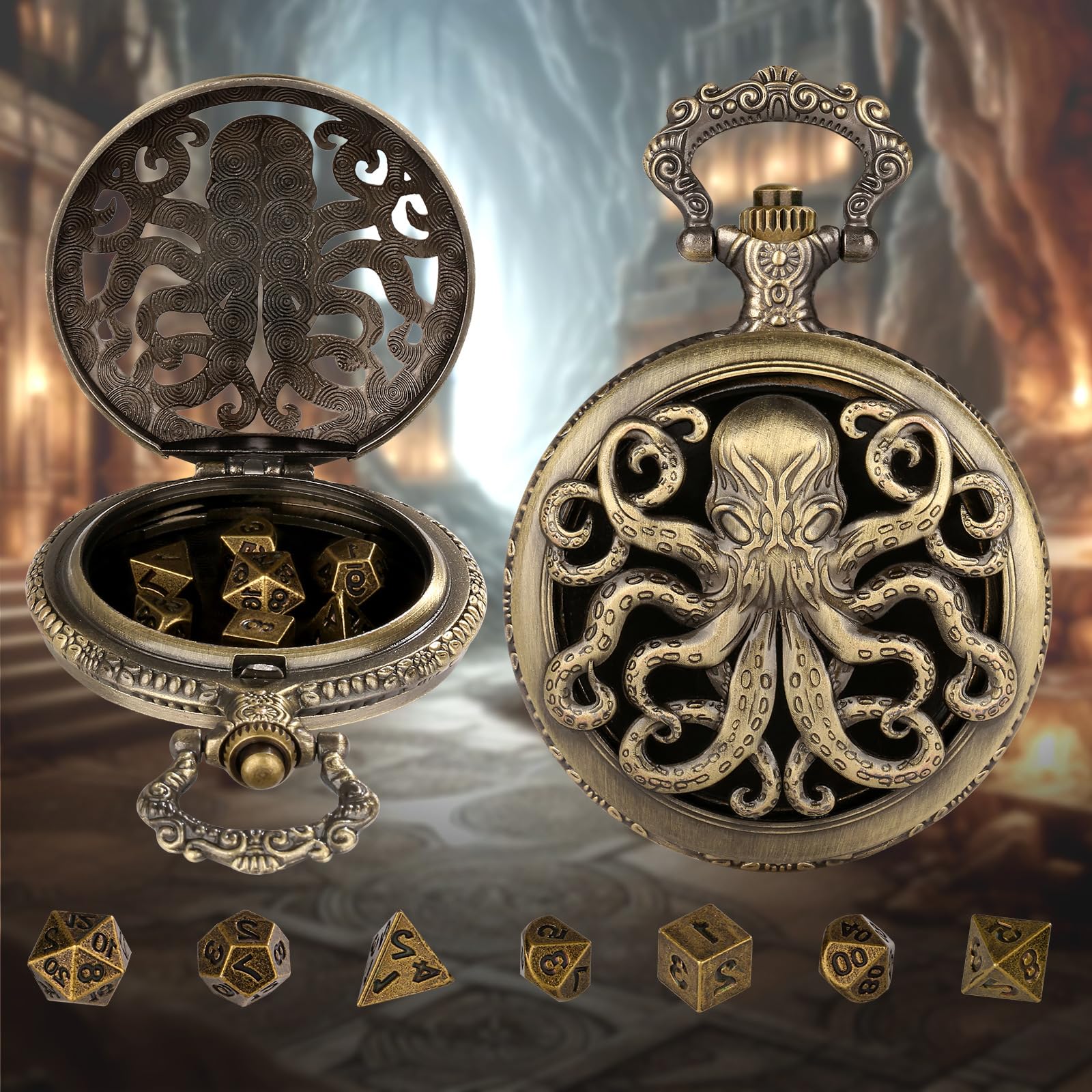 Mini Dados DND con Caja de Reloj de Bolsillo Steampunk Hueco Pulpo - 7 Piezas Poliédrico Metal D&D Juego de Mesa - Bronce