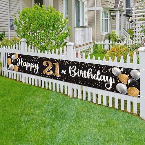 Vista 222 de Cartel de feliz cumpleaños 25 negro y dorado para patio, cartel de felicitación a 25 años de edad, telón de fondo fotoprop para el hogar, decoración