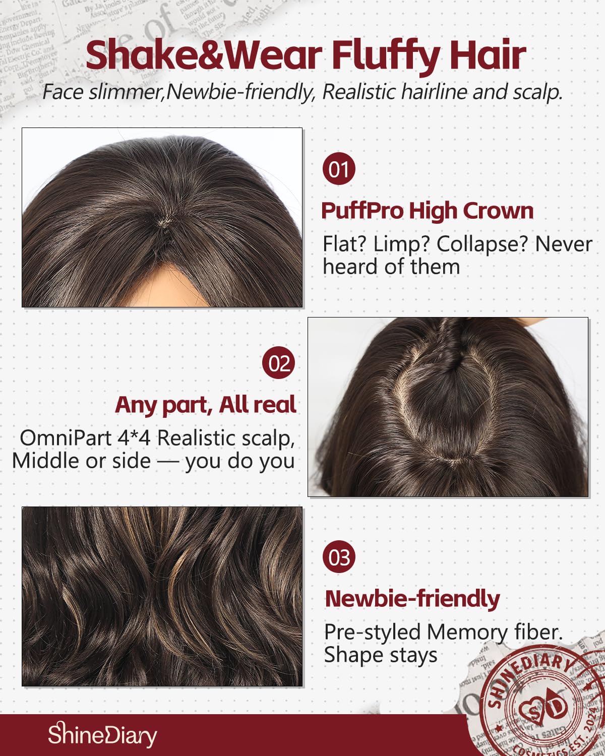 Mocha Brown with Highlights Wig With Bangs Long Wavy PuffPro Voluminous High Crown Wigs for Women,4x4'' Parting Realistic Scalp,Mob Wife Aesthetic/Clean Girl/Office Siren/Old Money Style