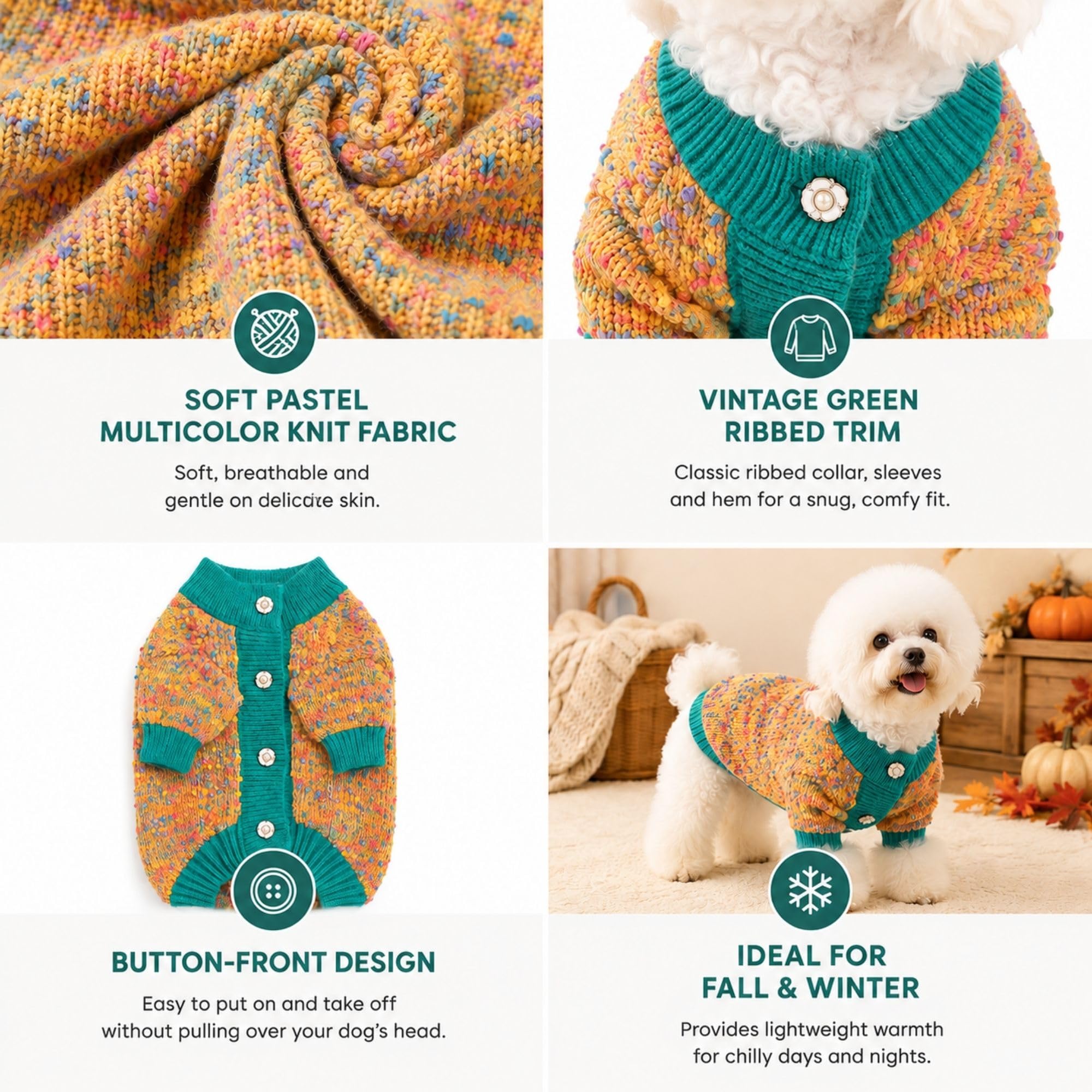 Pull pour chiens de taille moyenne, vêtements chauds pour chiot, jaune | Cardigan tricoté confortable avec boutons, bordure côtelée pour plus de chaleur, coupe extensible pour l'automne et l'hiver