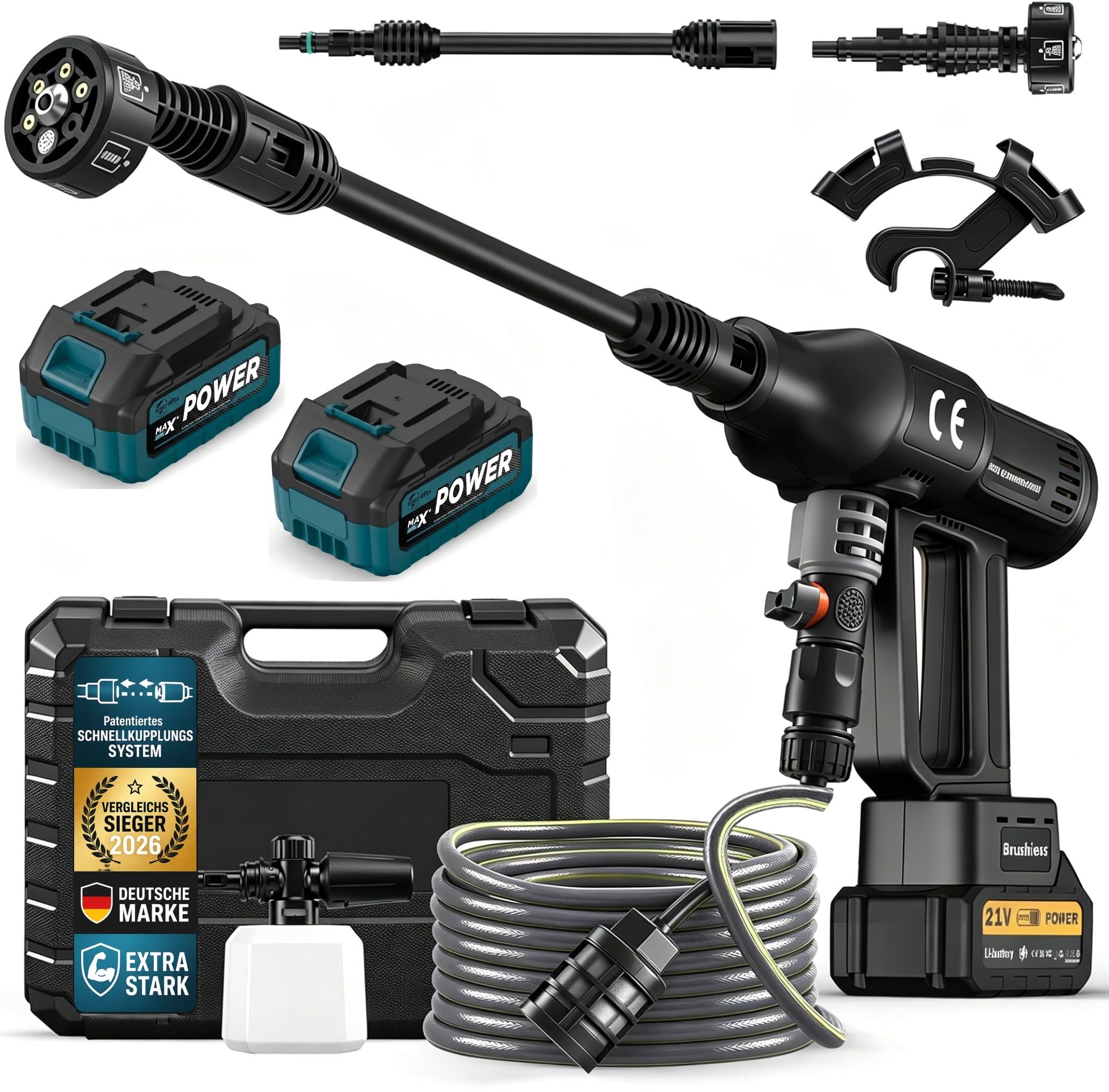 Idropulitrice a Batteria 120 Bar, Brushless 1500W, 2x Batterie 4,0Ah | 4 Livelli di Pressione e Touch LCD, 600L/h, Ugello 6 in 1 e Tubo da 5 M, per Auto, Giardino - Nero