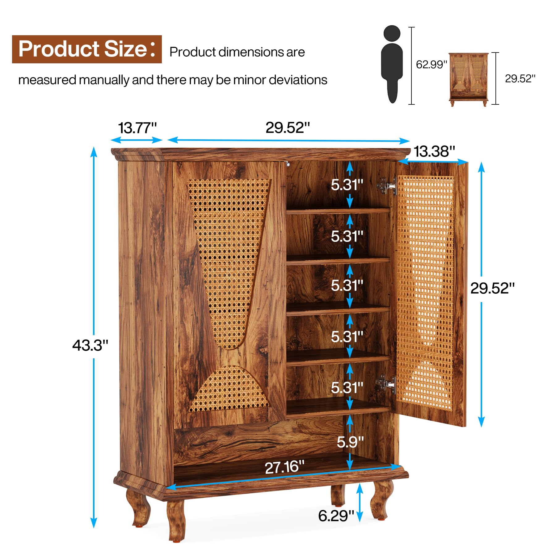 Tribesigns Rattan-Schuhschrank mit 2 Türen, 75x 37x 110cm, Schuhkipper schmal,7-stöckig Schuhregal für 25 Paar Schuhe Regal für Eingang, Flurschrank,Wohnzimmer