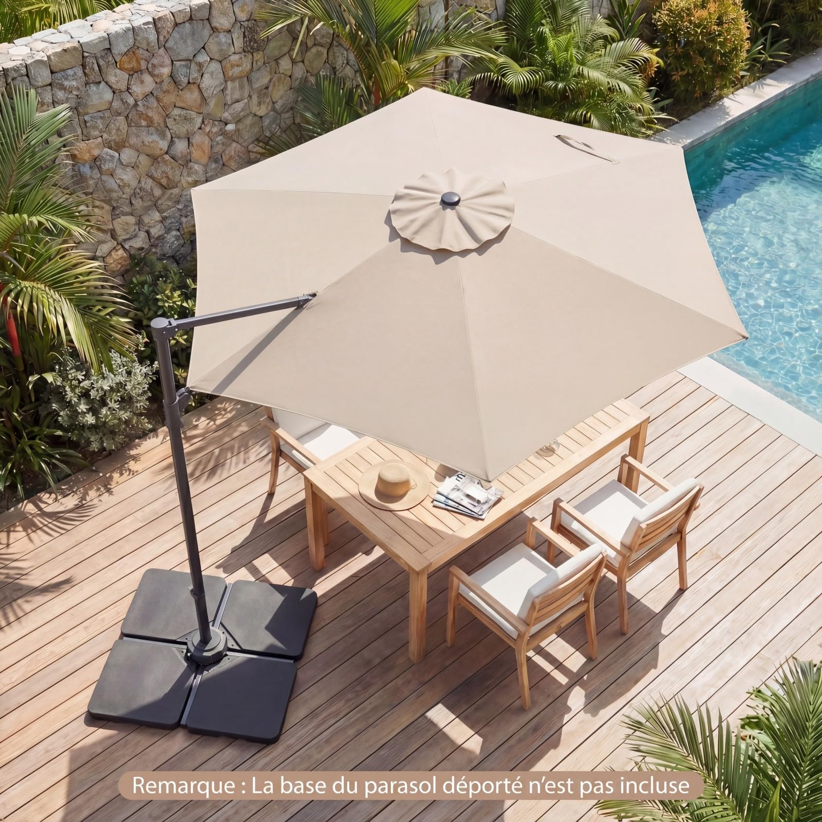 COSTWAY Parasol de Jardin Extérieur, Parasol Déporté Hexagonale avec Rotation 360° Réglable, Socle en Croix, Amovible, Support Métallique, Protection Solaire, pour Balcon, Patio, Terrasse (Beige)