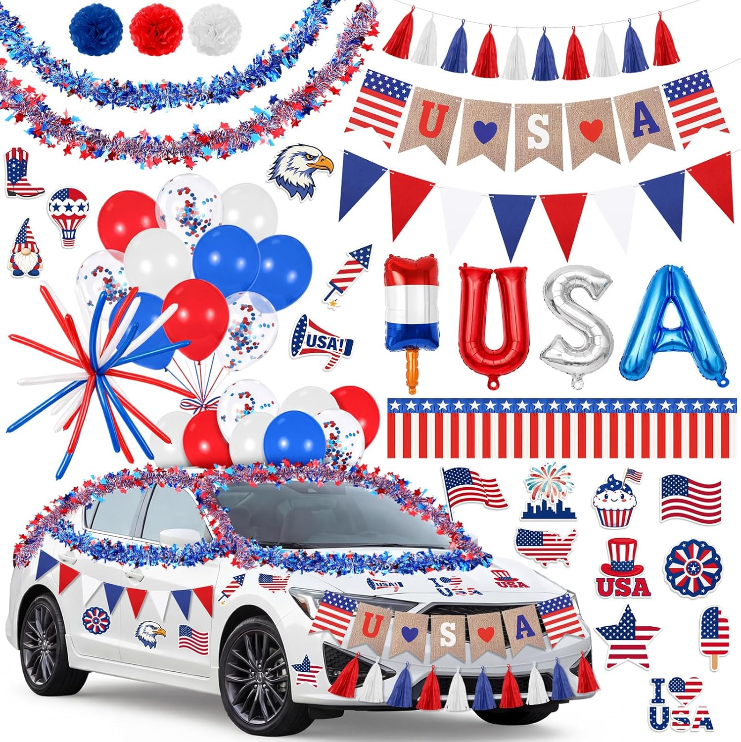 Duraaamo 72 Pcs 4th of July Car Decoration Kit Patriotic Car Decoration Include Red Blue White Garland, Flag, Banners, Balloons, Sticker, Pom Poms for 250th Anniversary Independence Day Parade Decor