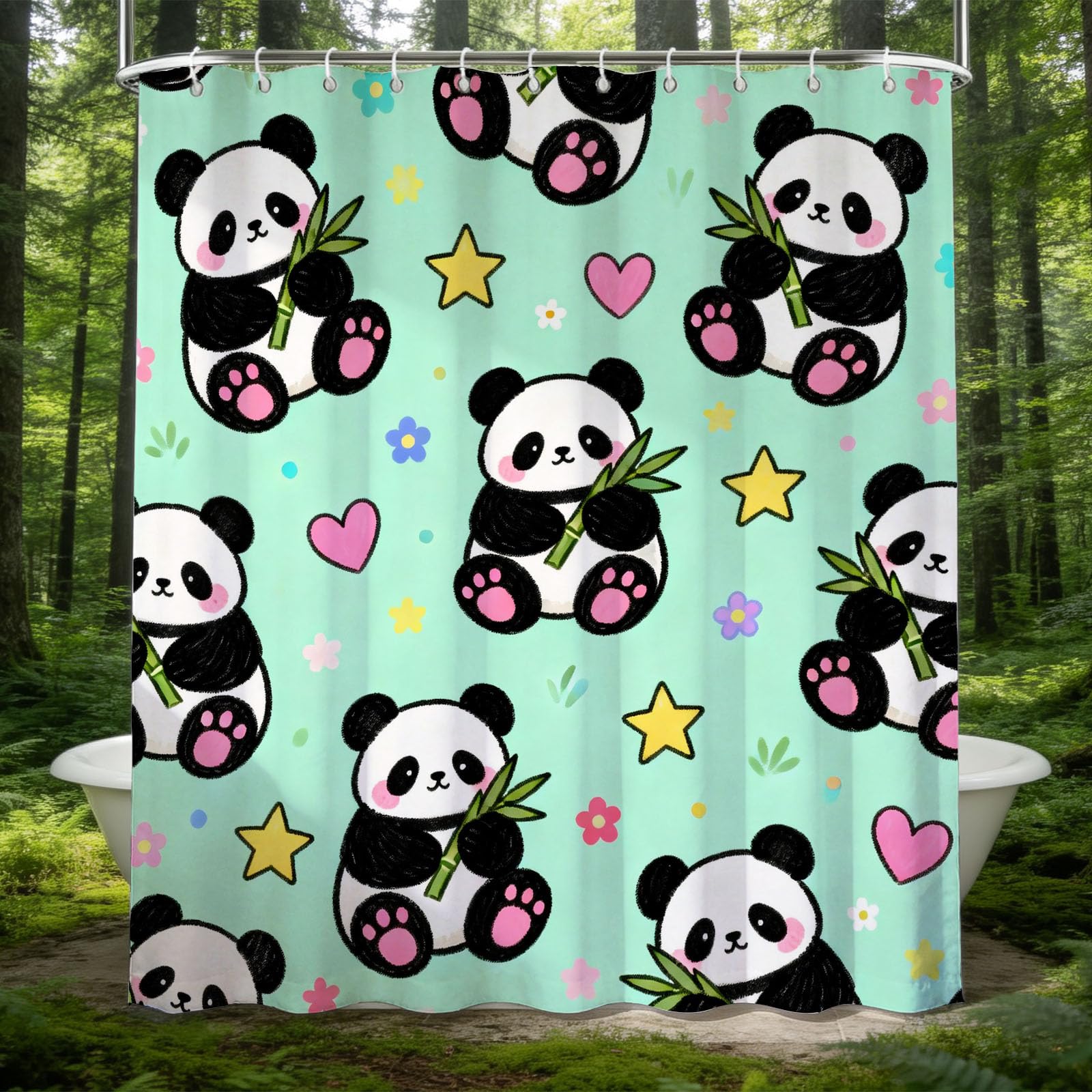 Hongduo 3D Cute Panda Shower Curtain for Stalls Bathtubs Stars Bathroom Decor Shower Curtain Set Polyester Fabric Waterproof 180x180cm/71X71 Inch with Hooks