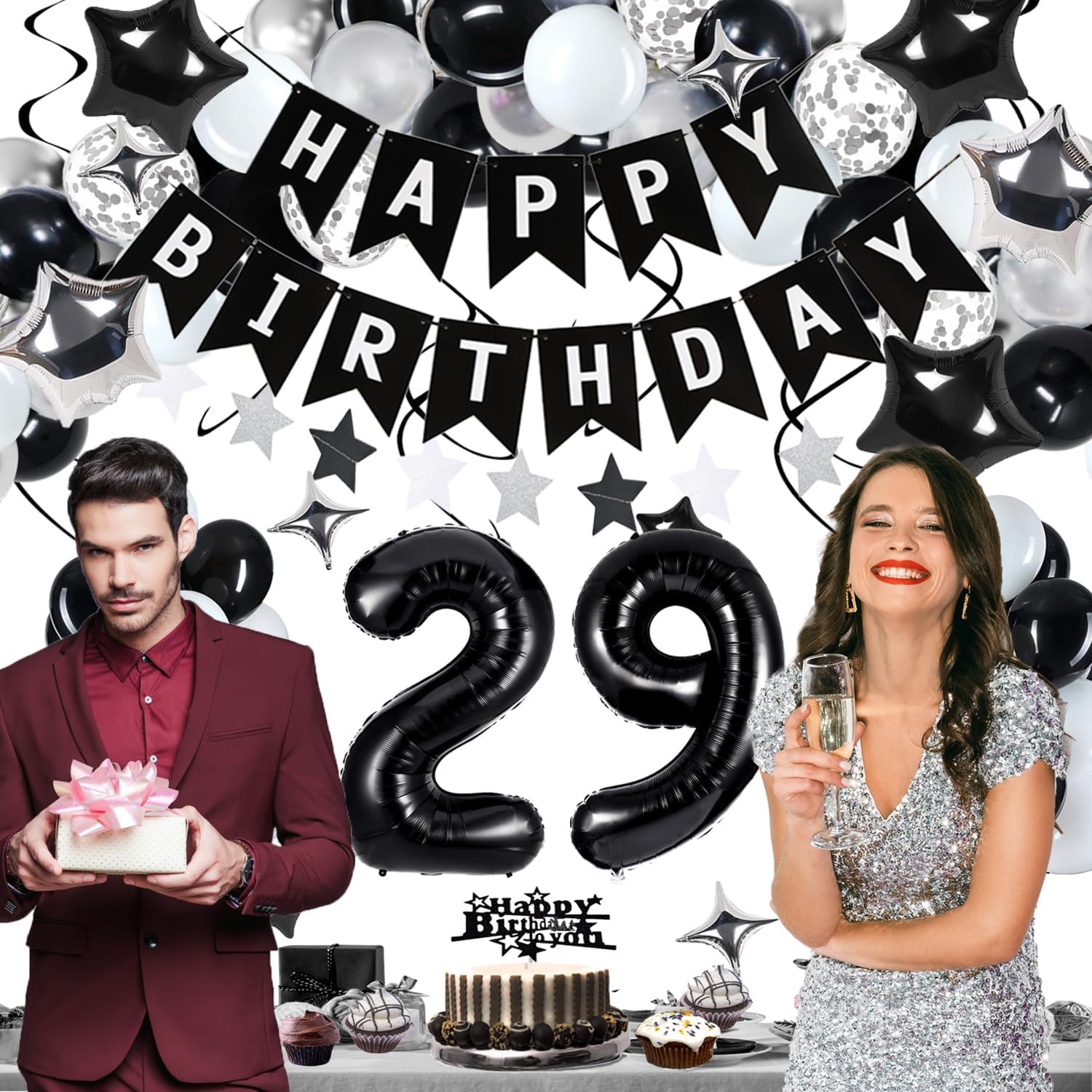 29th Birthday Decorations for Men Women, Black White and Silver Happy 29 Party Decor Set with 29 Number Foil Balloons, Banner, Cake Topper for Him Her - Image 7