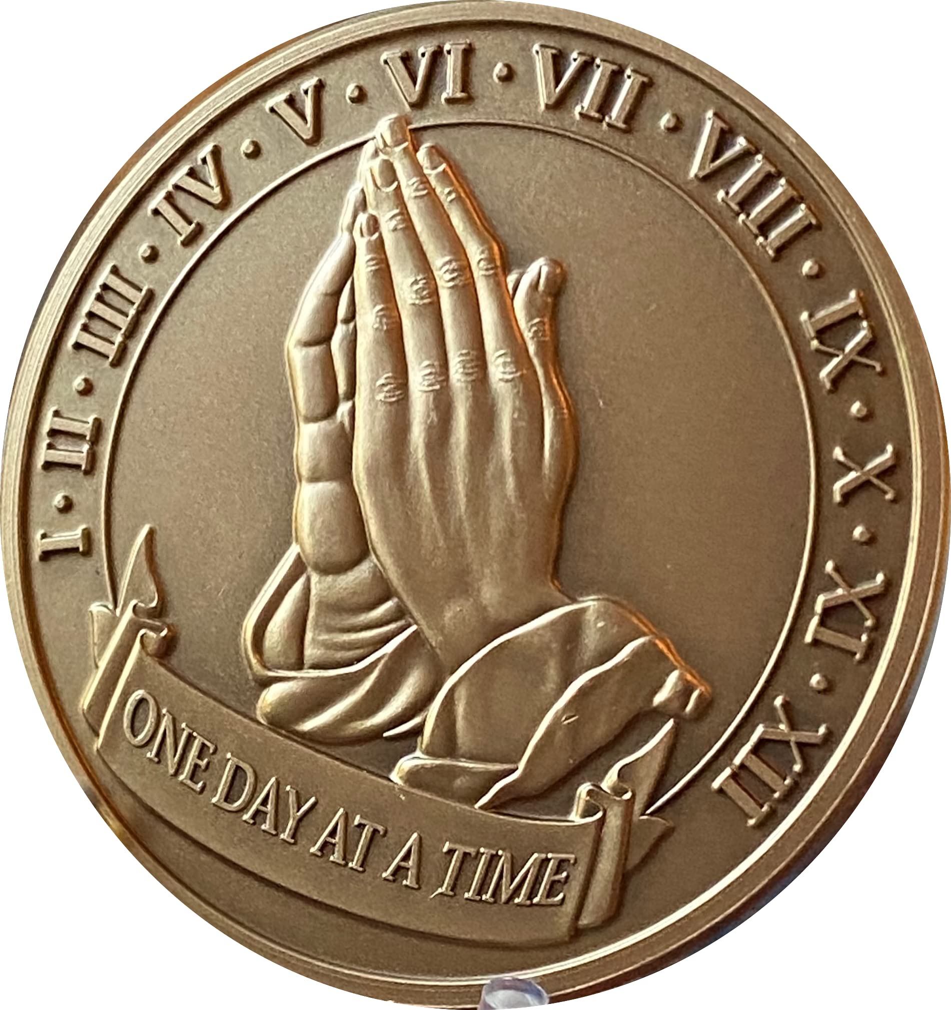 Large Praying Hands 12 Step One Day at A Time Medallion 1.5" Size Bronze Sobriety Chip AA NA