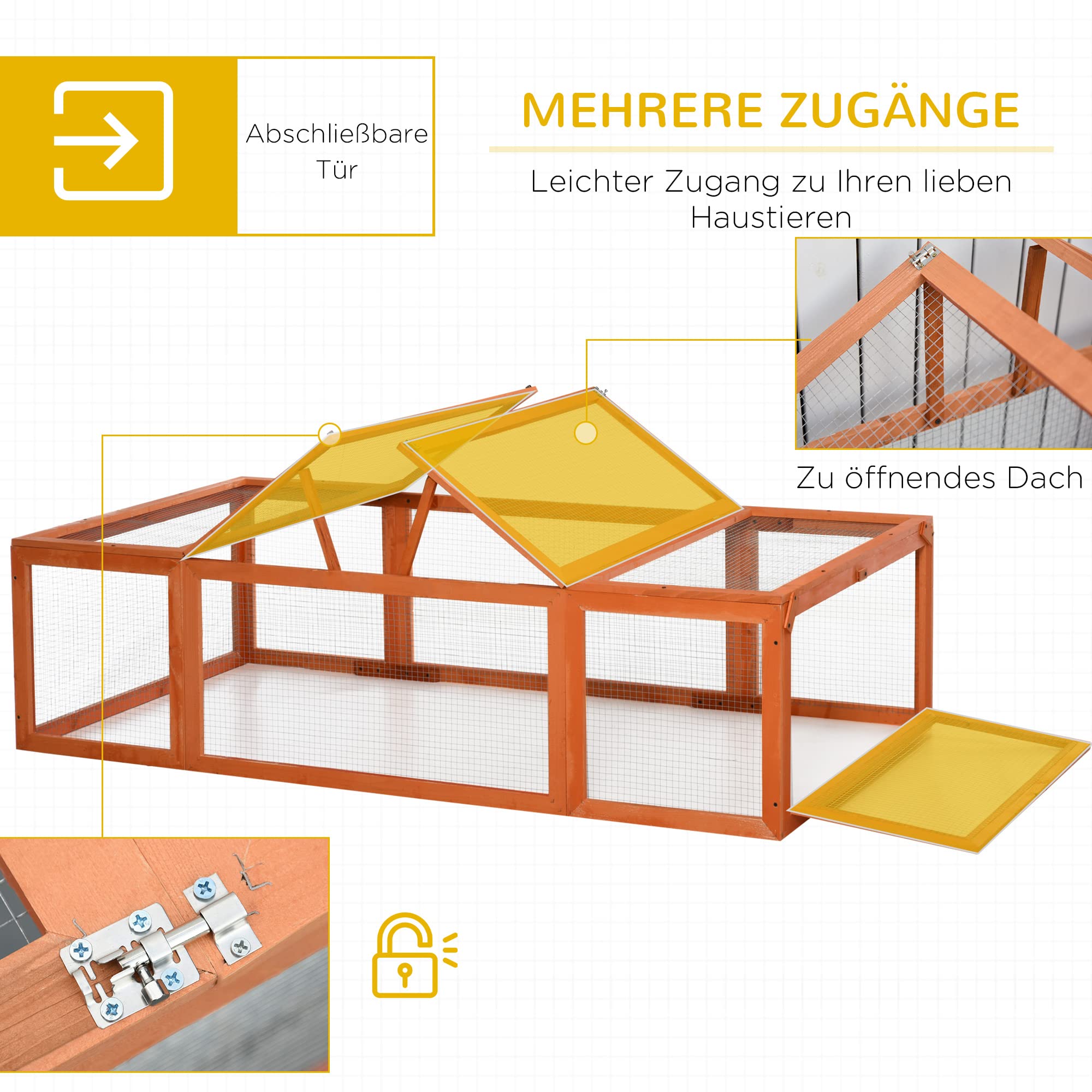 PawHut Hasenstall Kaninchenstall aus Tannenholz Winterfest Kaninchenkäfig mit aufklappbar Dach 180x90x48 cm Kleintierstall Hasenkäfig für Kleintiere Kaninchen Meerschweinchen Indoor Outdoor Orange