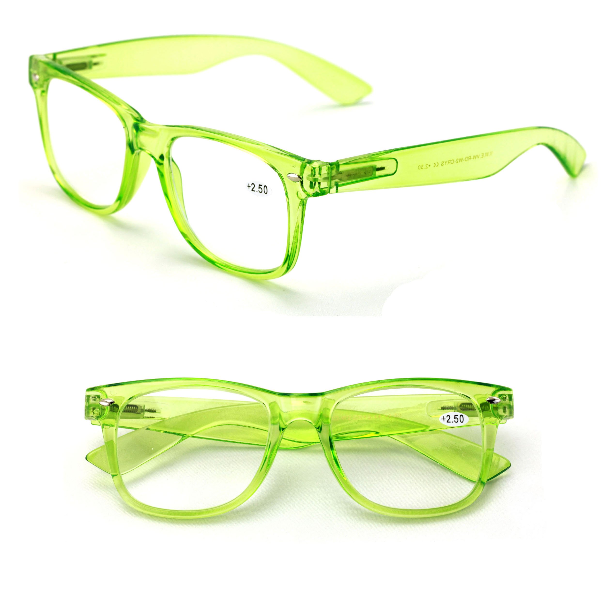 V.W.E. 2 Pairs Transparent Neon Color Deluxe Reading Glasses - Comfortable Stylish Simple Readers Magnification