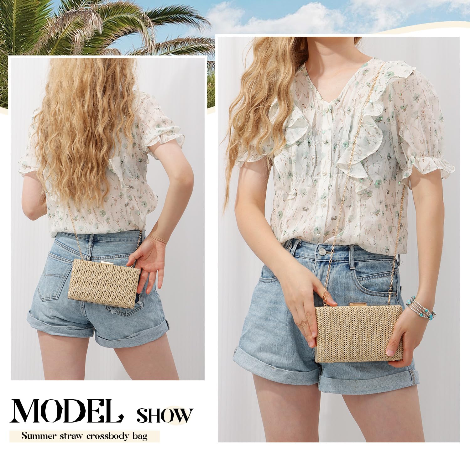 EVEOUT Słomiana kopertówka dla kobiet lato Boho Clutch łańcuszek na wesele impreza pleciona torba na ramię plaża wakacje