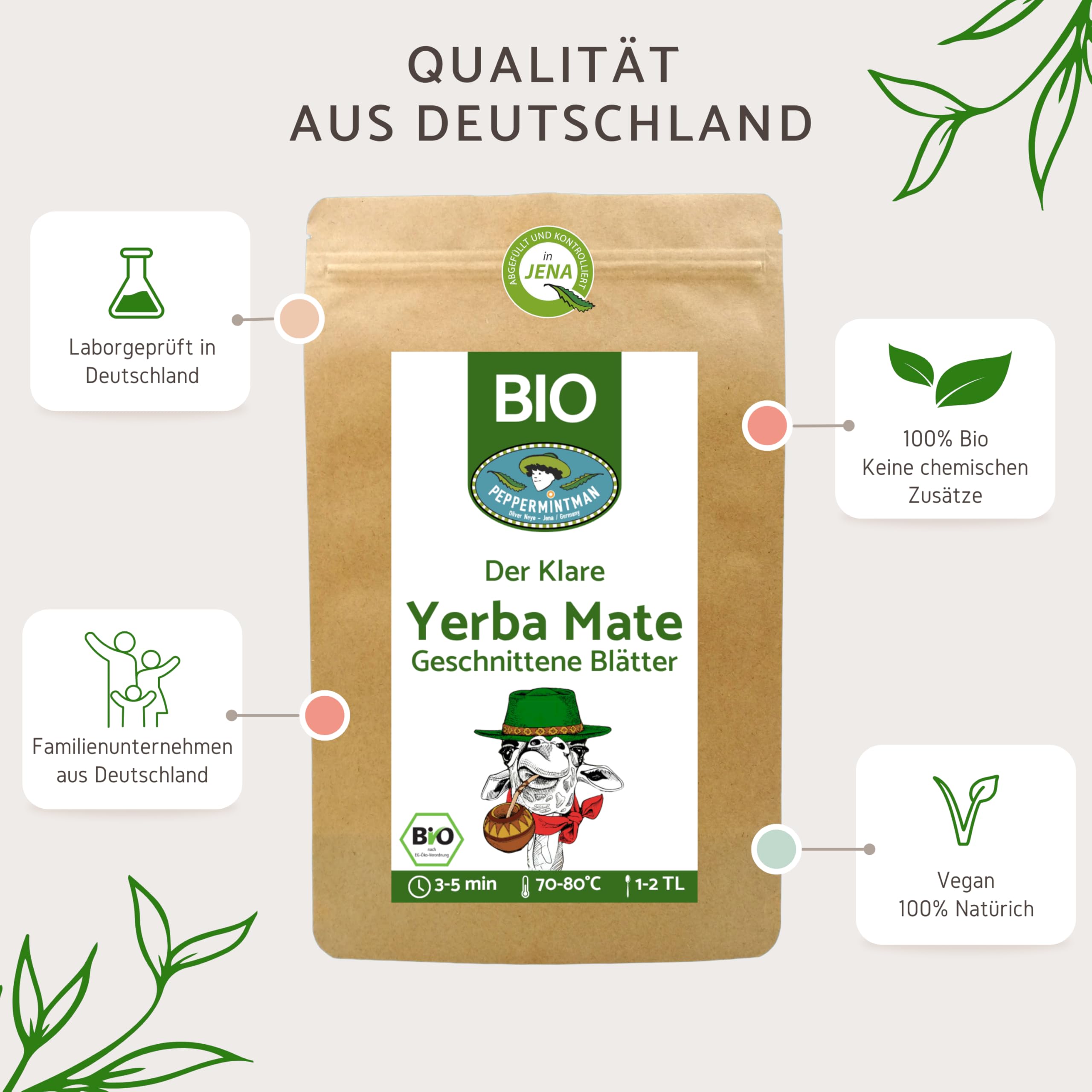 Herbata Bio Mate, zielona 3 x 1000 g - Organic Green Yerba Mate Medium Cut - Jasna - z brazylijskiego przedsiębiorstwa rodzinnego - PeppermintMan
