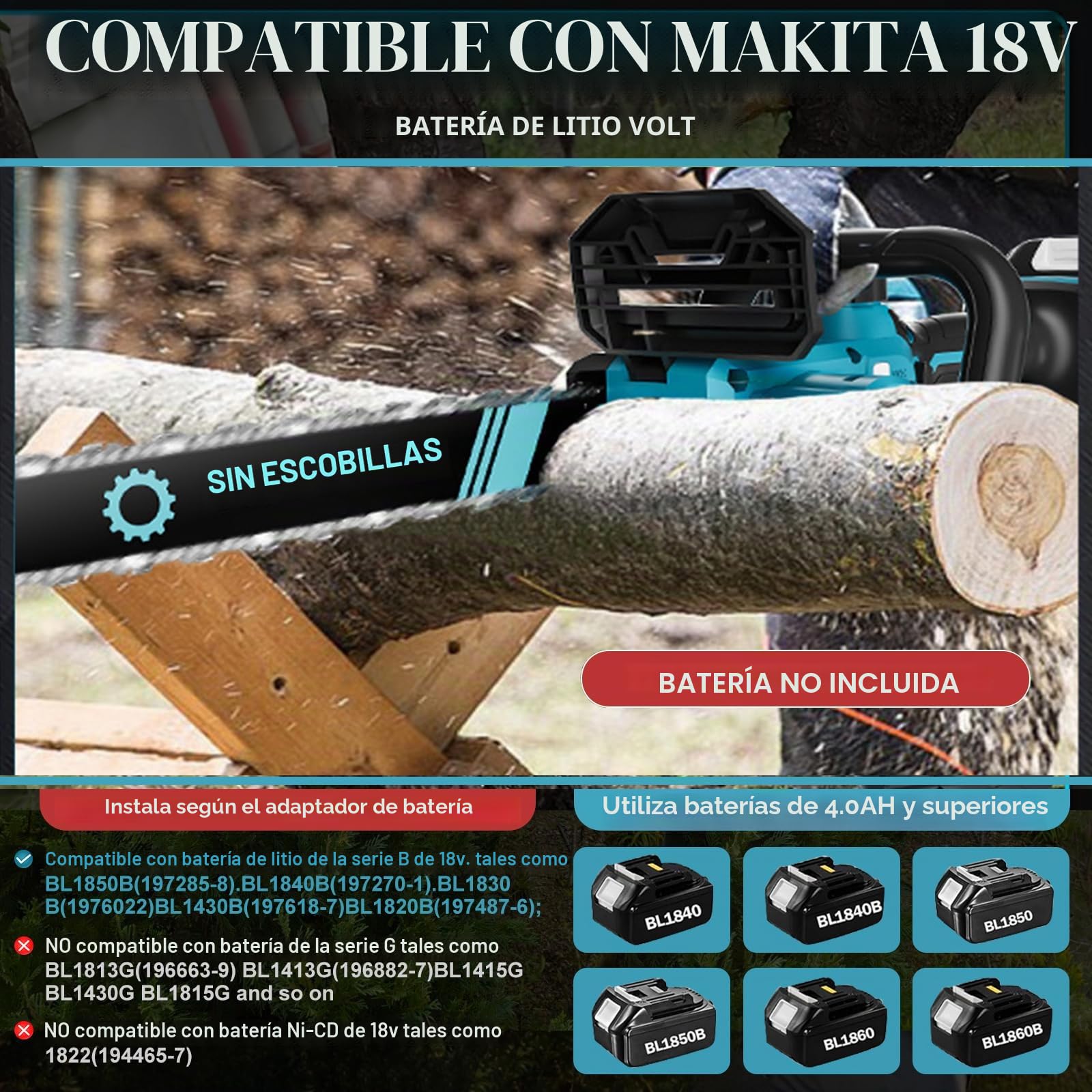 Motosierra eléctrica de 1000 W de 12 pulgadas para Makita de 18 V | sin baterías con candado de seguridad, engrasador automático, sierra de podar, sierra de podar, sierra de cadena eléctrica