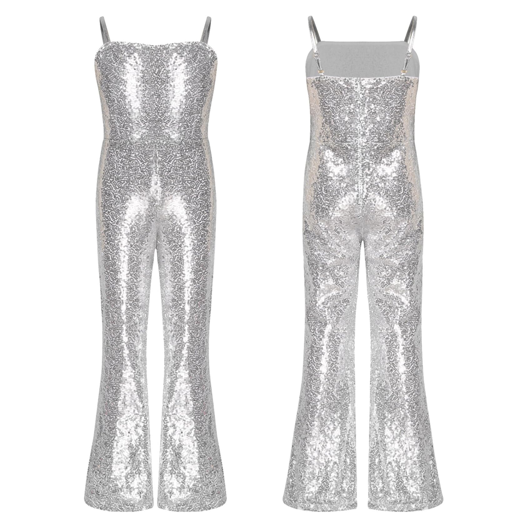Rswnyirn Kids Girls Sleeveless Shiny Sequin Jumpsuit Movie Star Dance Leotard Fancy Dress Up Singer Bodysuit Silver 11-12 Years
