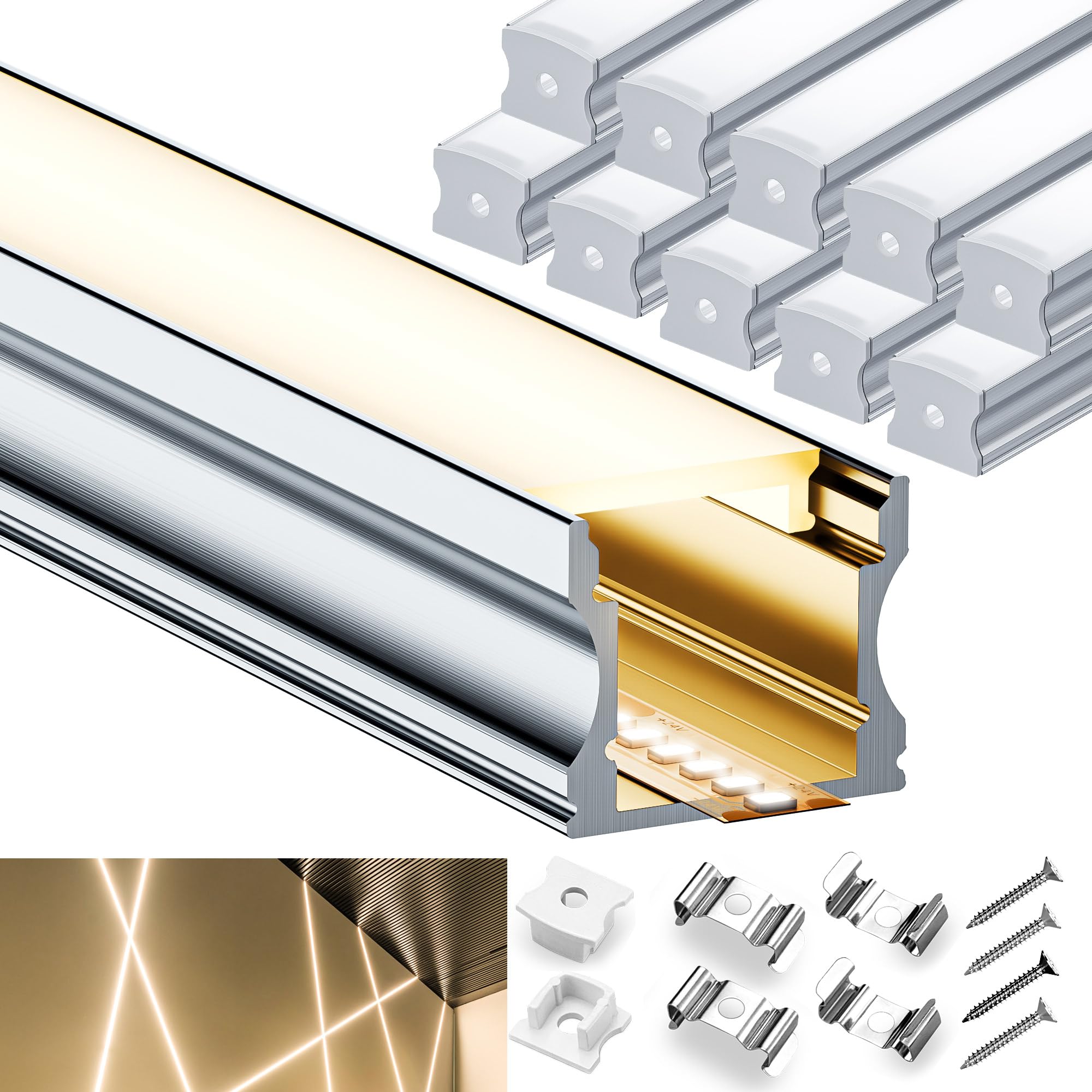 Profilo alluminio per strisce led con 10 coperture diffusore, 10 profili per strisce led da 2m, 20 cappucci e 40 clip per profili per strisce per illuminazione indiretta