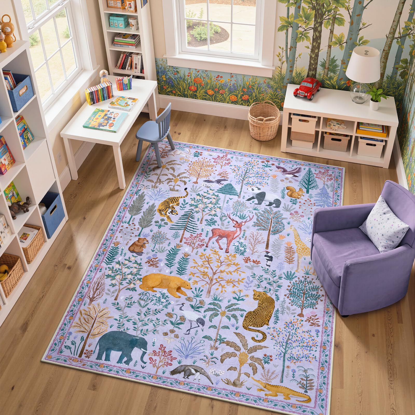 OJIA Animal Print Nursery Rugs Washable Area Rugs 5'x7', Soft Kids Room Rug Ultra-Thin Non-Slip Modern Living Room Carpet, Stain Resistant Throw